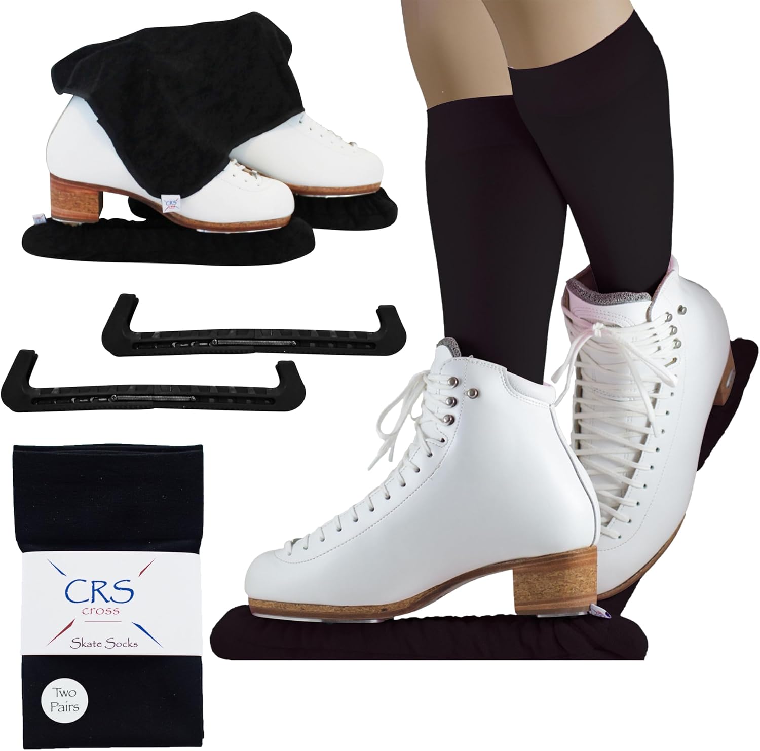 CRS Cross Skate Guards, Soakers & Towel Set (Black Large) and 2 Pair Figure Skating Socks (Black)