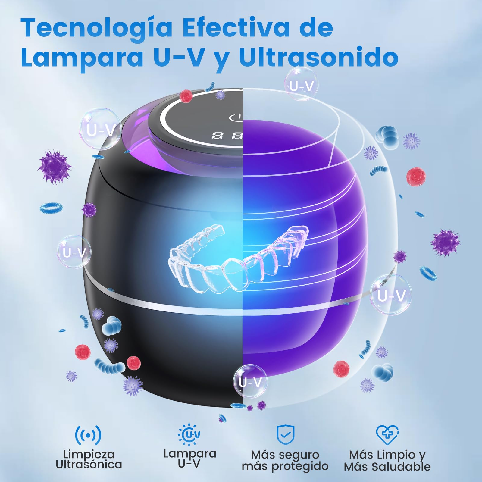 SEANCHEER Limpiador Ultrasonidos 48000Hz Ultrasonidos Limpieza | 24W | 180ML | Lampara UV | Ultrasonic Cleaner Portatil para | Dentaduras | Ferula Dental | Retainer | Aligner | Joyas | (Negro)