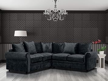 SofaHeaven Huge Sale - 5 seater 2C2 Corner sofa suite for living room -3+2 seater sofas set-Soft Crushed Velvet fabric sofas & couches-002 Black, Corner Sofa