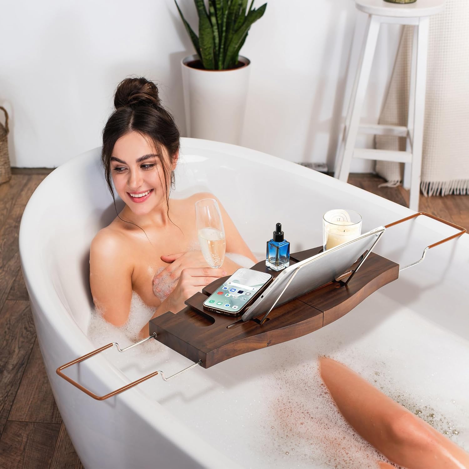 Teak Bathtub Tray Expandable Bathroom Tray for Home Spa Relaxation, Wooden Tray Caddy for Bathtub, Teak Bathtub Caddy as Unique Housewarming, Birthday, Wedding Shower Gifts. Dark Walnut