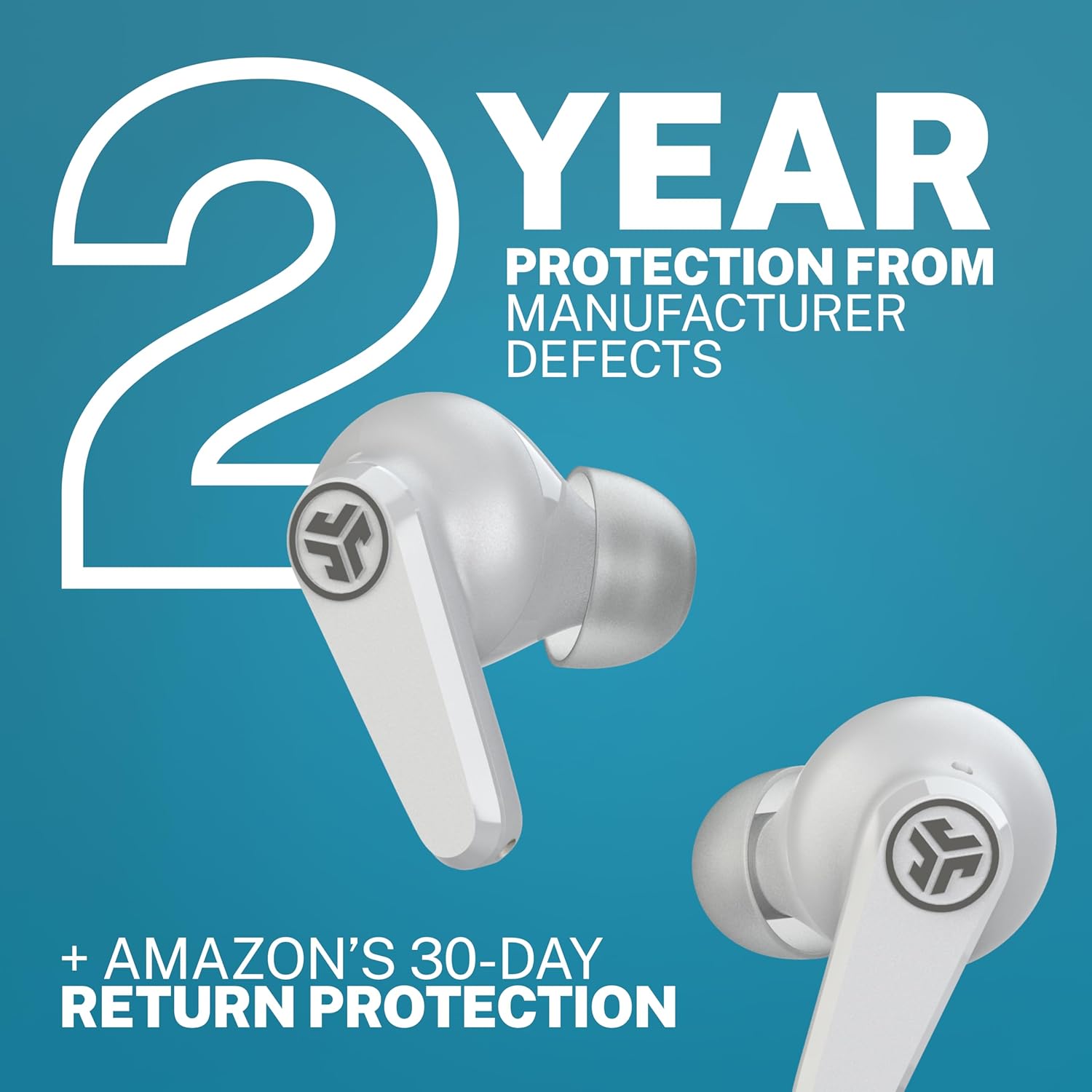 JLab Go Pods ANC earbuds with text indicating '2 Year Protection from Manufacturer Defects' and '+ Amazon's 30-Day Return Protection'.