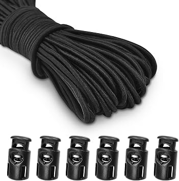 10 Meter 3mm1/8Inch Elastic Bungee Shock Cord Stretch String, 25 pcs Plastic Cord Locks Spring Toggle Stopper for Drawstring Backpack Shoelaces