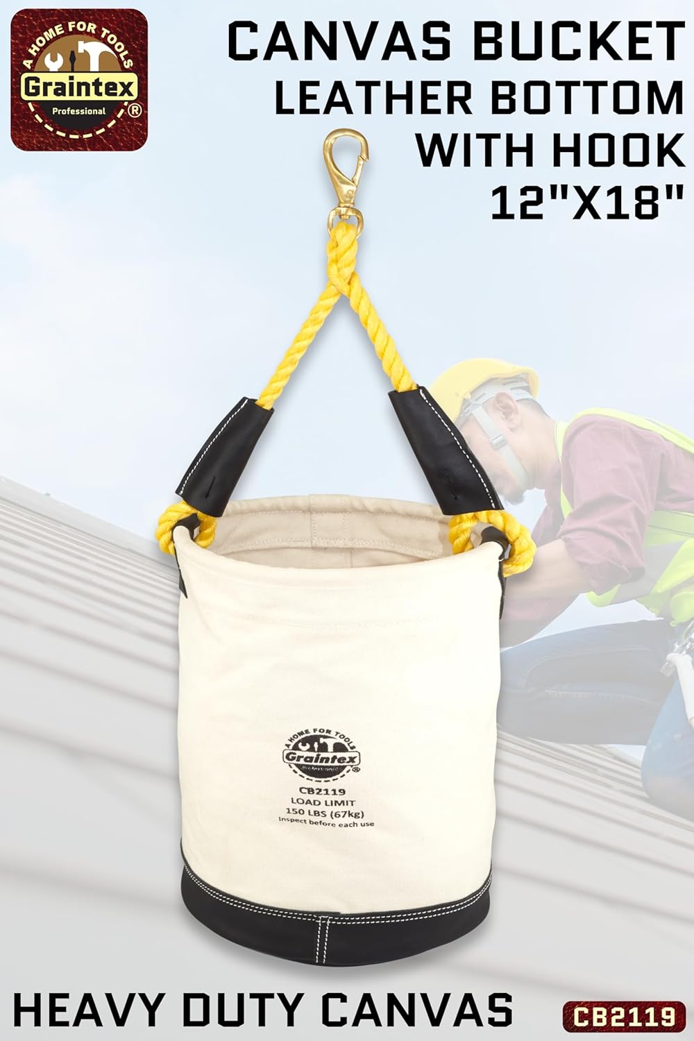 Graintex CB2119 Utility Canvas Bucket Leather Bottom With Hook