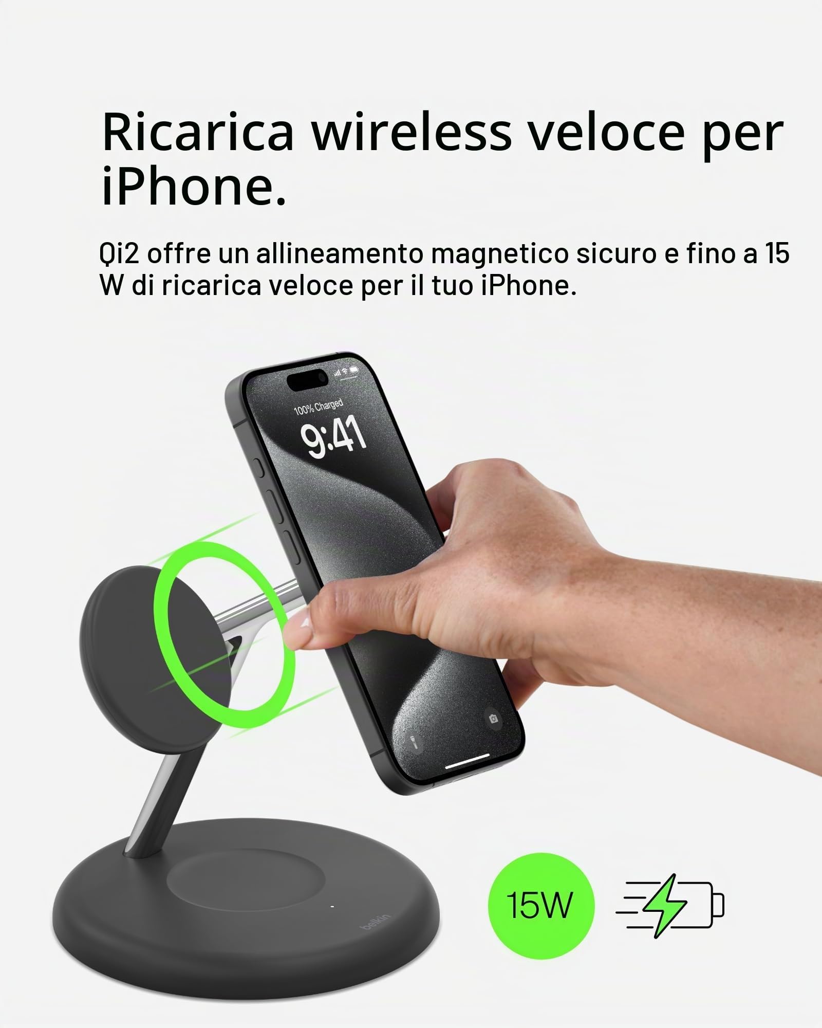 Belkin BoostCharge - Supporto di ricarica wireless 3 in 1 con Qi2 15W, caricatore rapido compatibile con MagSafe per iPhone 17, Air, 16, 15, 14, 13, 12, PixelSnap, AirPods, Apple Watch (alimentatore