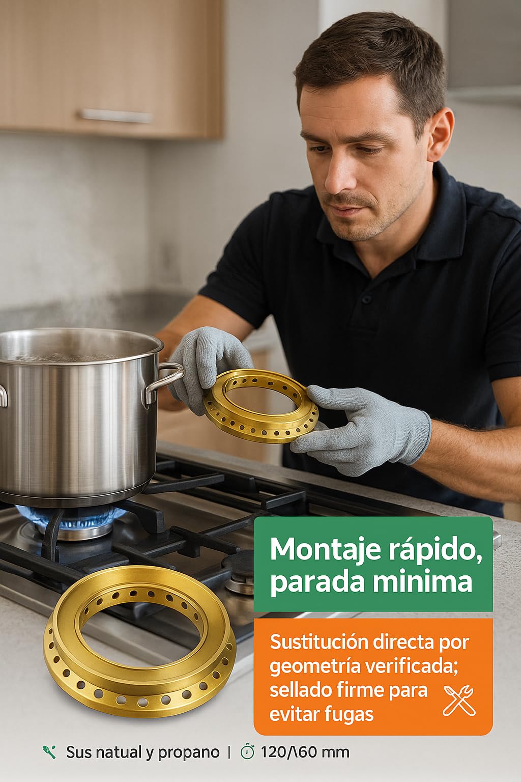 Corona Quemador Ø120 Mm Latón Gas Natural Propano C-941/121 Ref. 50141088 Dispersor Llama Profesional para Cocina Industrial Hostelería Diámetro Interior 60 Mm Recambio Técnico