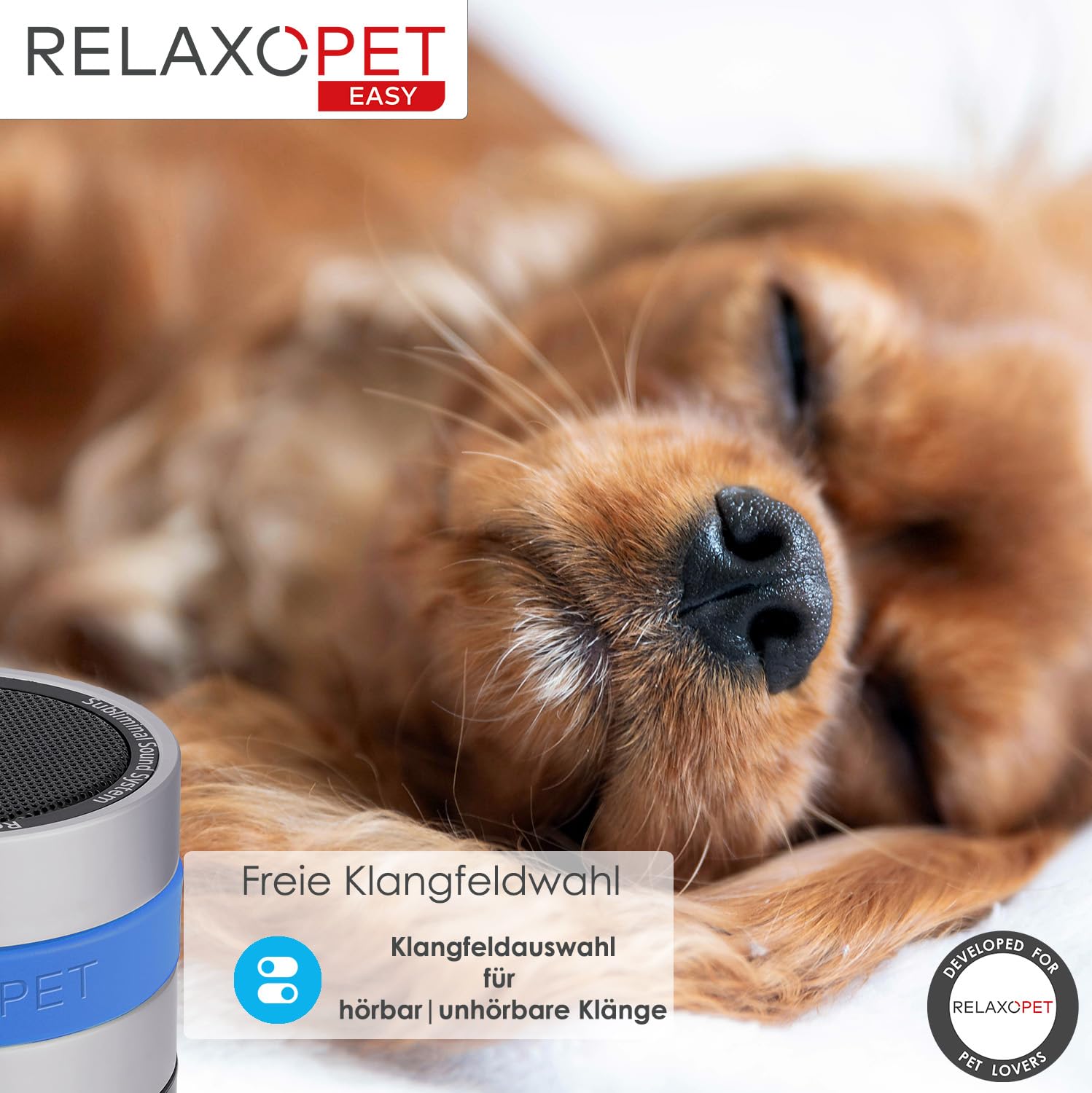 RelaxoPet Easy, Allenatore di rilassamento degli animali, calma per tutti i cani, mondi sonori ad alta frequenza per rilassarsi, certificato TÜV, noto da 'La grotta dei leoni', senza batteria