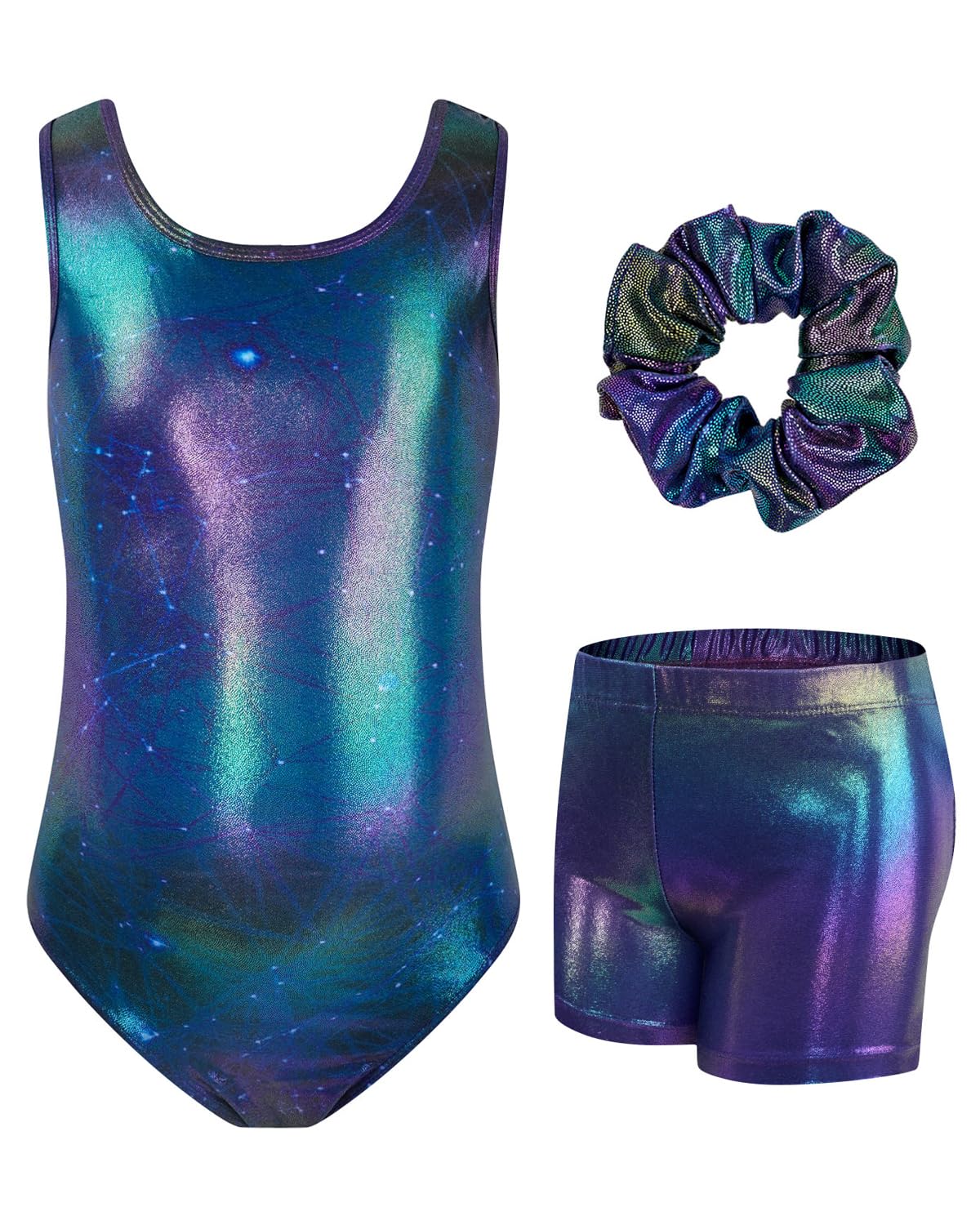 JiAmy Justaucorps gymnastique filles, 3 pièces tenue gymnastique body gymnastique brillant avec short et dos croisé pour enfants de 3 à 12 ans