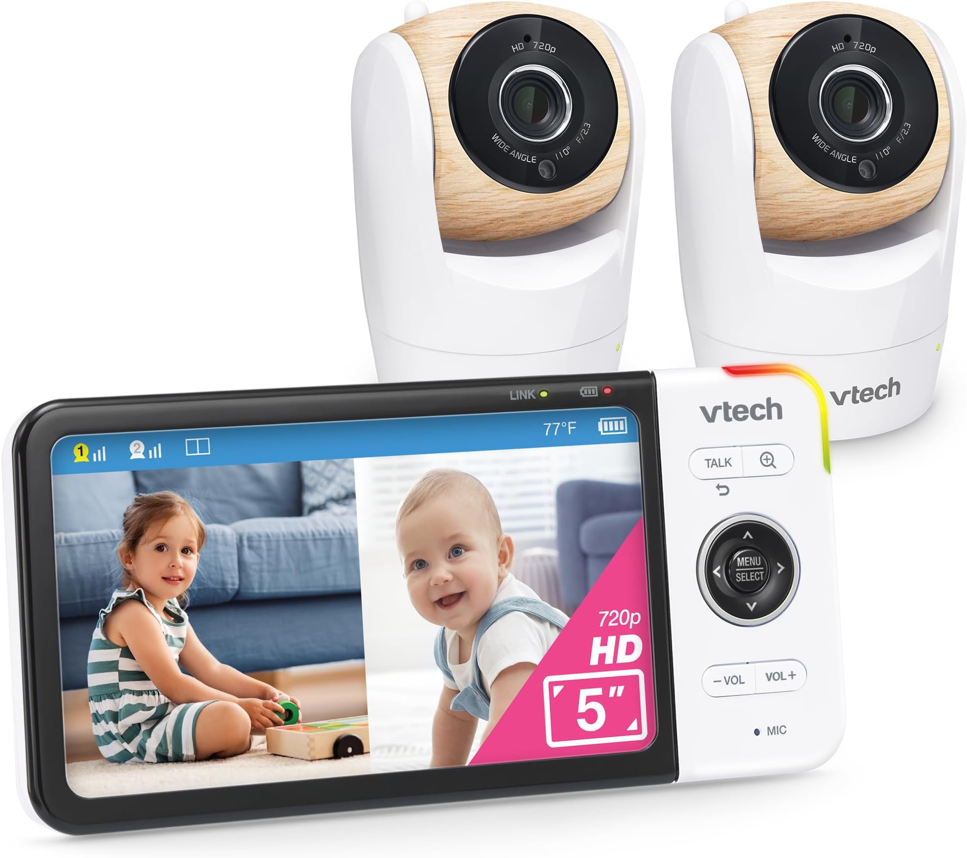VM928-2HD 5” 720p HD Display 2 Cameras Baby Monitor,110 Wide Angle View,Remote Pan-Tilt-Zoom,Night Vision,Up to 1000ft Range,Temperature Sensor,9 Soothing Sounds & Lullabies,2-Way Talk,No WiFi