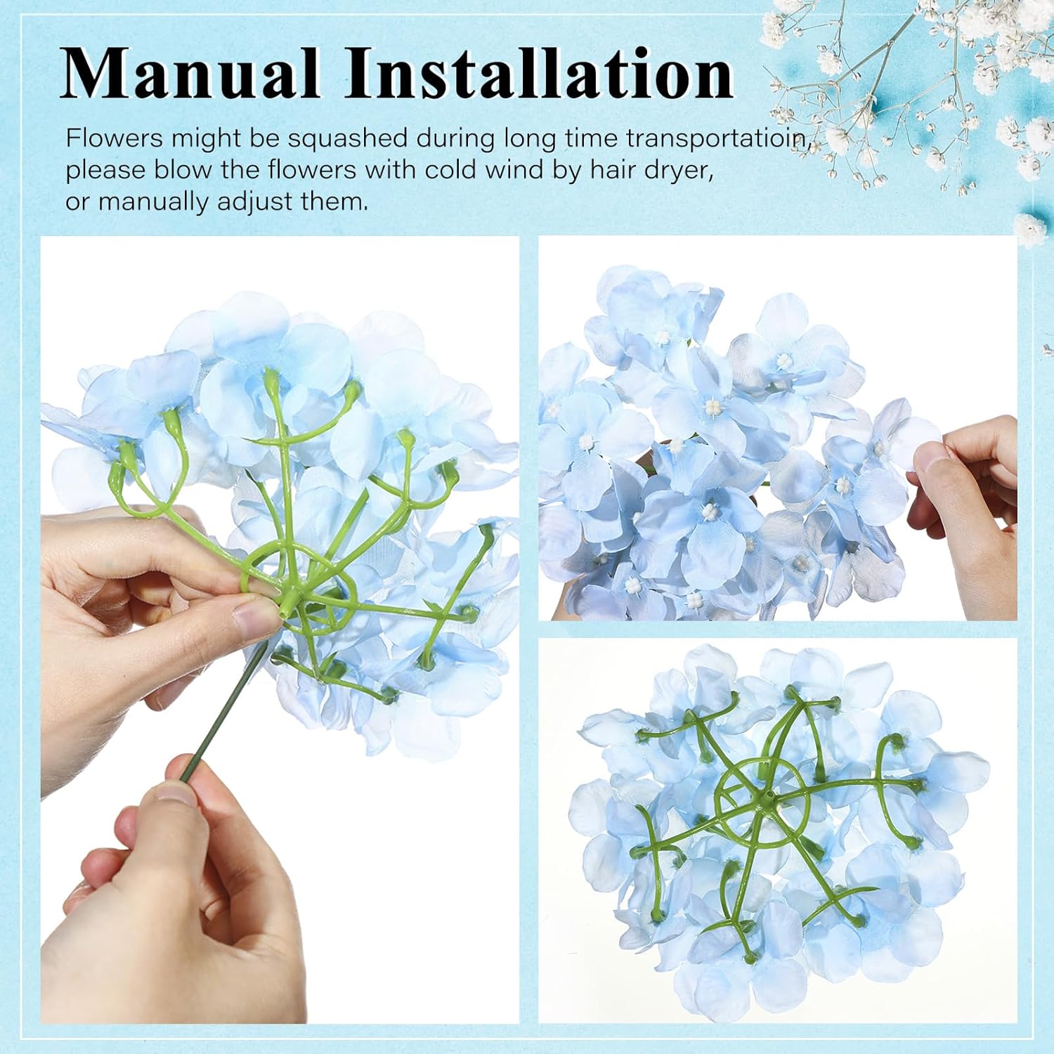 Giegxin 120 Pcs Artificial Hydrangea Flowers Bulk, Blue, Pink, White, Light Pink, Faux Silk Hydrangea Flower Heads with 120 Stems for Wedding Centerpieces, Home, Garden, Baby Shower, Party (4 Colors)