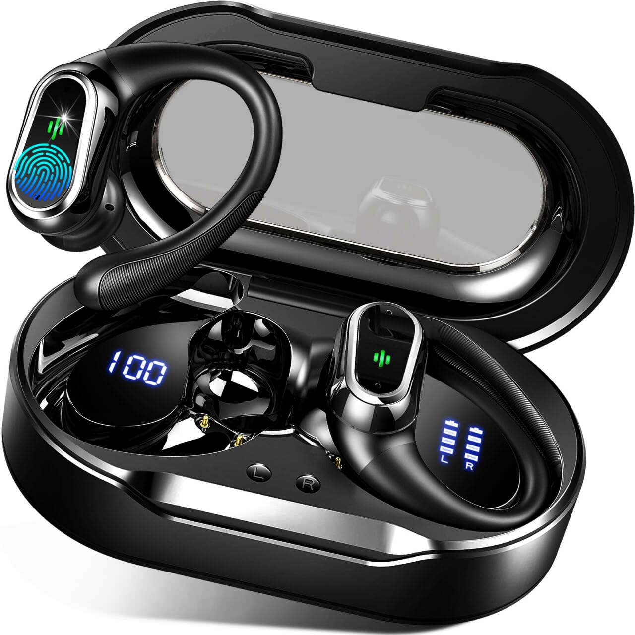 Bluetooth Kopfhörer Sport, Kopfhörer Kabellos Bluetooth 5.3 mit 4 ENC Mic, 50H Spielzeit Kabellose Kopfhörer, Tiefer Bass Earbuds IP7 Wasserdicht Ohrhörer LED-Anzeige USB-C Touch Control mit Ohrhaken