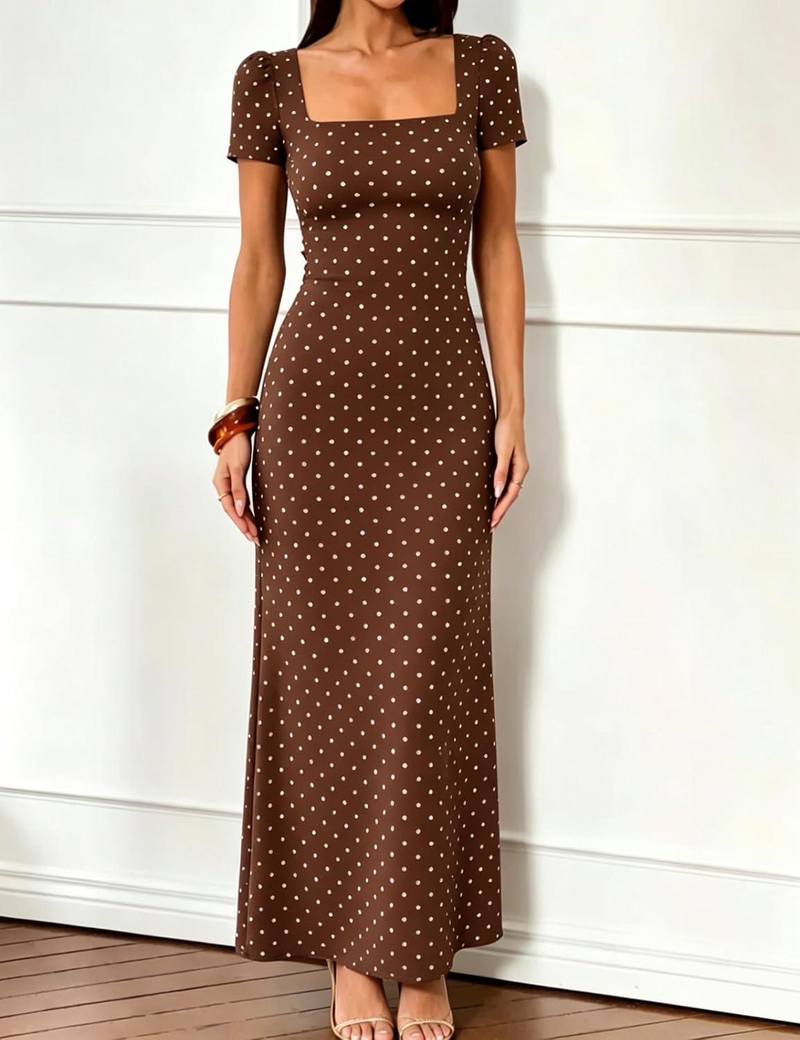 Lingswallow Womens Polka Dot Dress Short Sleeve Bodycon Midi Dresses image 3