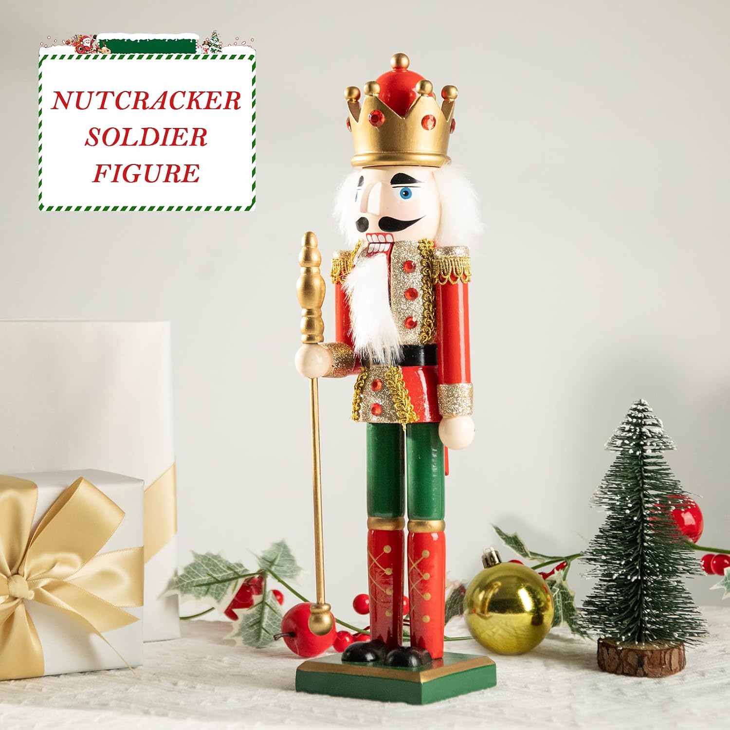 Nutcracker Christmas Decor, 15 Inch Wooden Soldier Figurines, Festive Christmas Nutcrackers Gifts Winter Indoor Table Desktop Fireplace Decorations