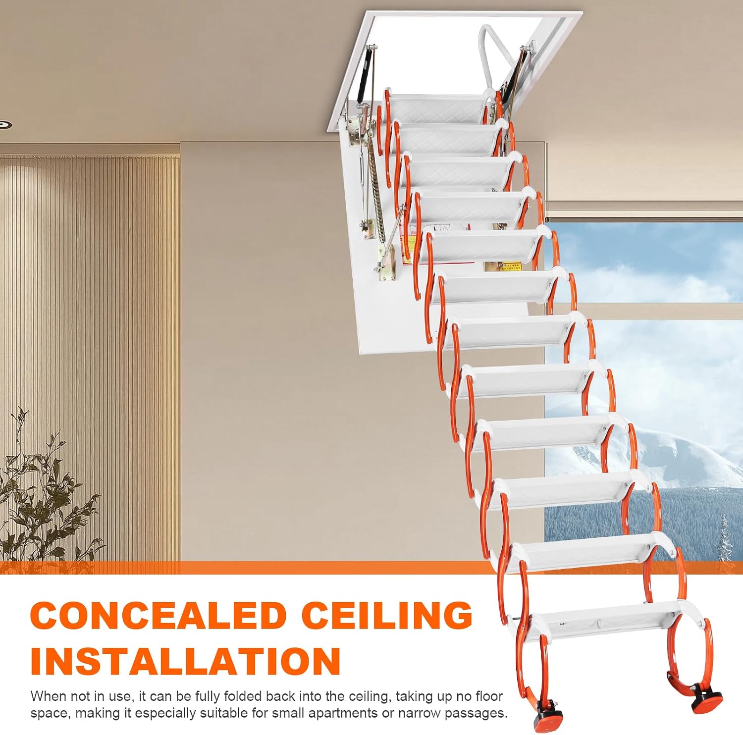 12-Step Wall Mounted Retractable Attic Ladder, 10.17ft Adjustable Folding Loft Stair with Handrails, Pull-Down Anti-Slip System, 661LBS Capacity for Garage, Basement & Storehouse