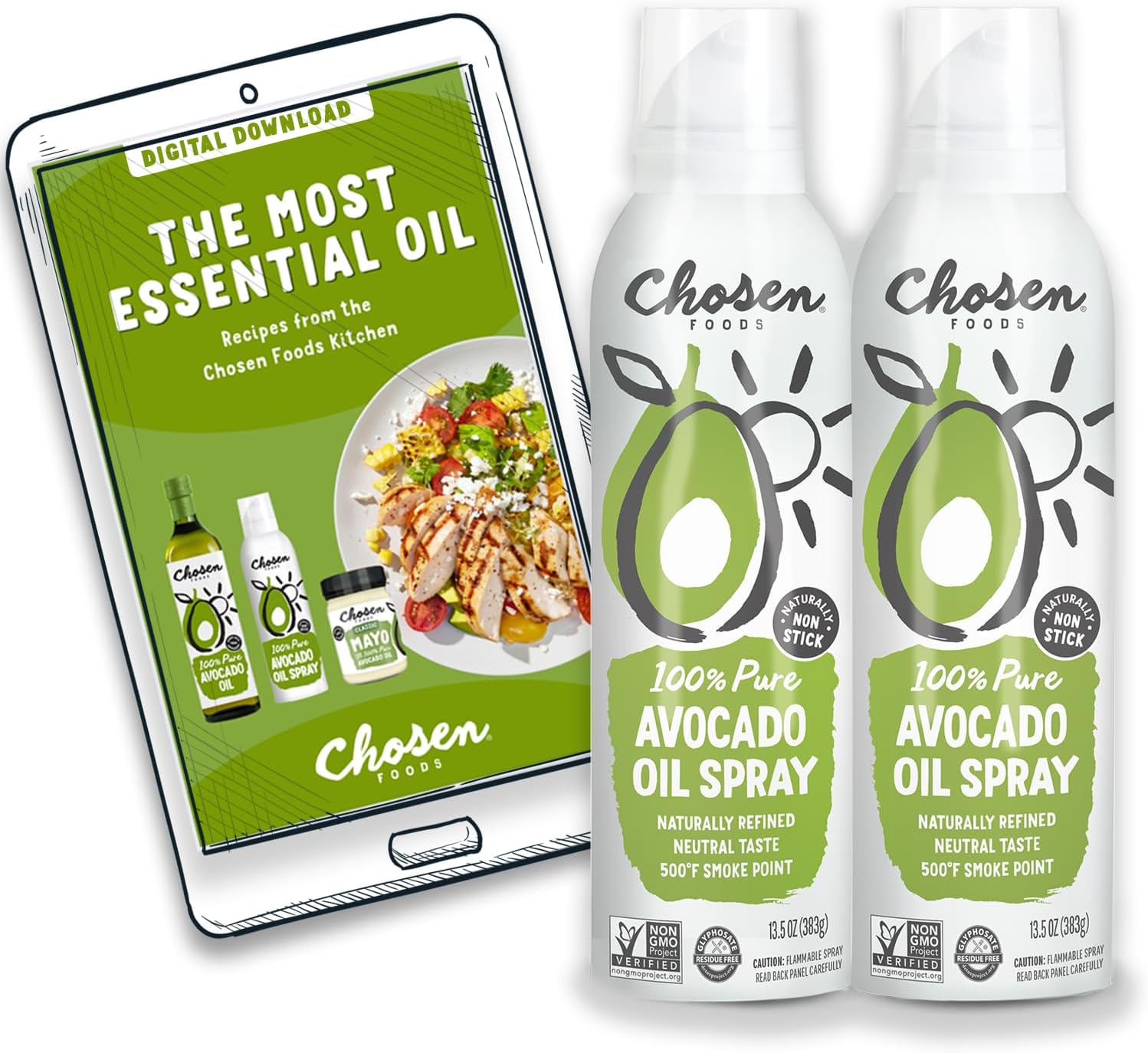 Chosen Foods 100% Pure Avocado Oil Spray 13.5oz 2-Pack + Recipe eBook Bundle