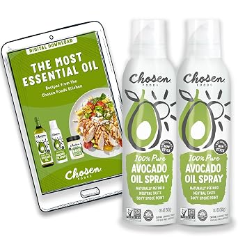 بخاخ زيت الأفوكادو النقي 100% من Chosen Foods، مناسب لنظام الكيتو الغذائي، بخاخ طبخ كوشير للخبز والطهي على درجة حرارة عالية والقلي 13.5 أونصة، عبوتان + كتاب وصفات إلكتروني