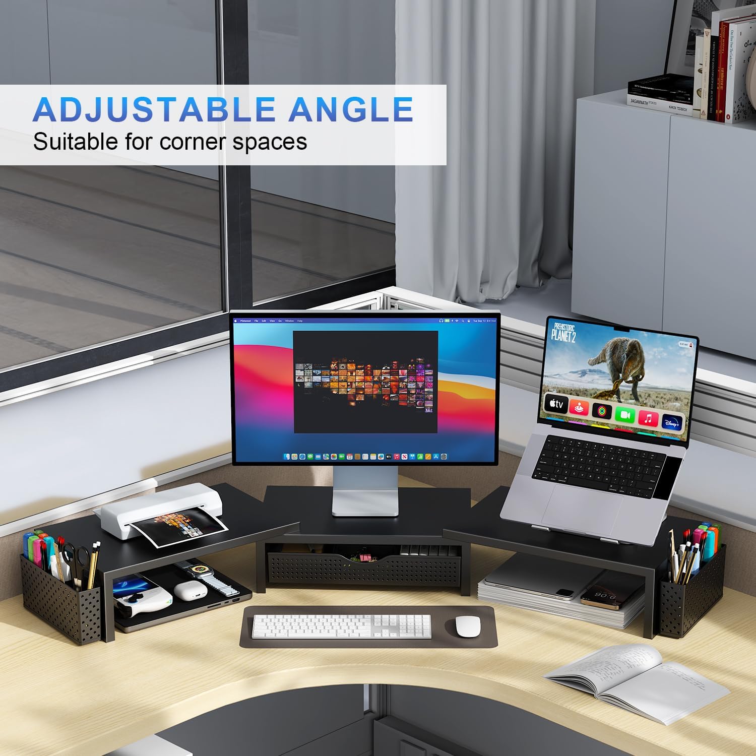 Dual Monitor Stand Riser, Metal Desk Accessories with Drawer and 2 Pen Holder, Adjustable Length and Angle - Computer Monitor Stand for Screen, Computer, Printer (Black) — view 4
