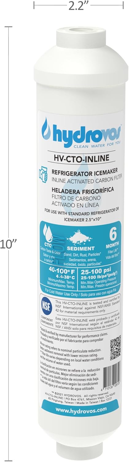 HYDROVOS インラインウォーターフィルター 製氷機、冷蔵庫、シンク下逆浸透システム用 NSF認定後活性炭カートリッジが塩素の味