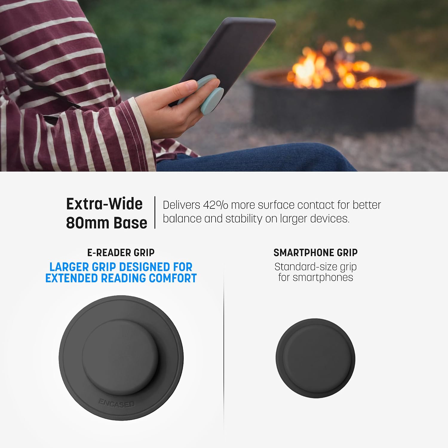 ENCASED Grip Holder for Kindle E-Readers, Tablets and iPads, Black | Comfortable Ergonomic Hand Support, Large Collapsible Adhesive, Case Compatible
