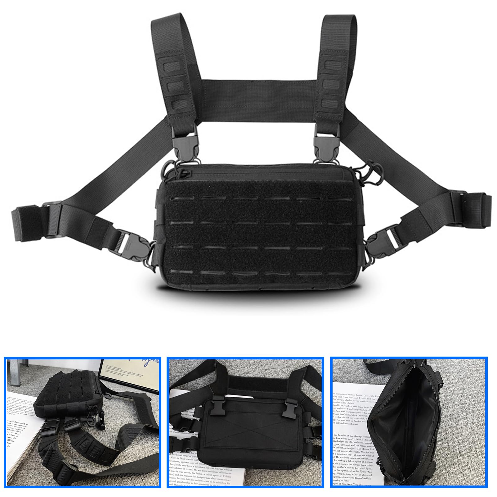Chest Pack, taktyczna torba na klatkę piersiową, dla mężczyzn, na kemping, podróże, wędrówki, sporty na świeżym powietrzu, jazdę na rowerze, trening, fitness, czarna