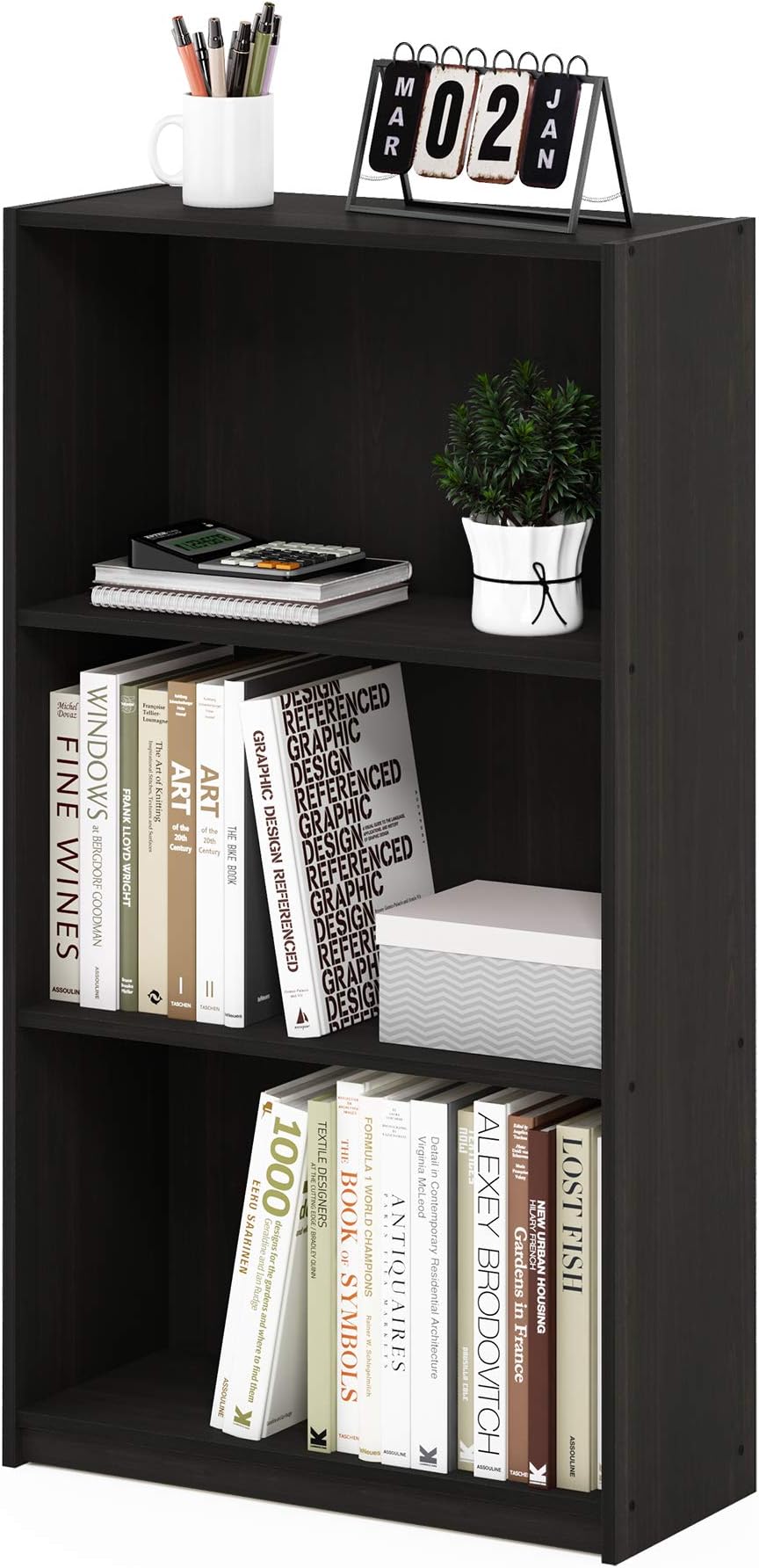 BASIC Book Shelf, 3-Tier Bookshelf with Open Shelves, Standing Bookcase, 9.3" x 21.8" x 39.5", for Organization and Storage, for Living Room, Bedroom, Home Office, Espresso