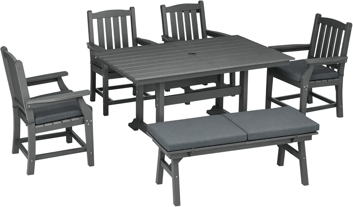 Outsunny 6 Pieces Patio Dining Set, 6 Seater Outdoor Table and Chairs, Conversation Furniture, Armrests, Loveseat Bench, Dinner Table with Umbrella Hole, Cushions, Dark Gray