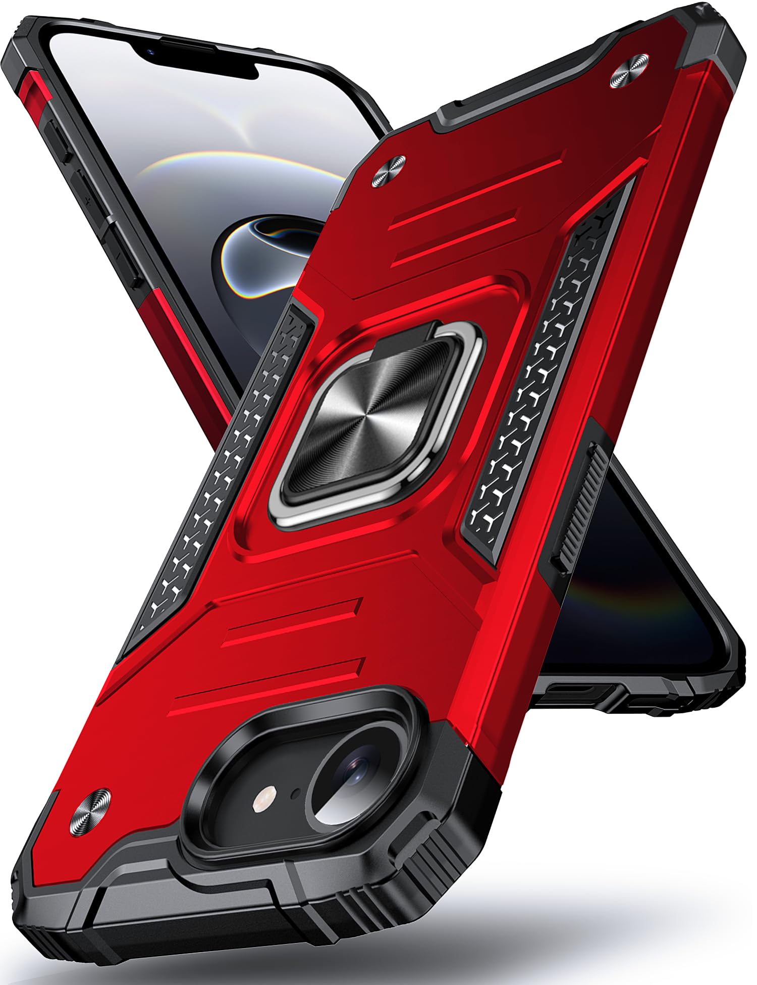 Etui iPhone 16e blindé avec anneau de support magnétique intégré rouge