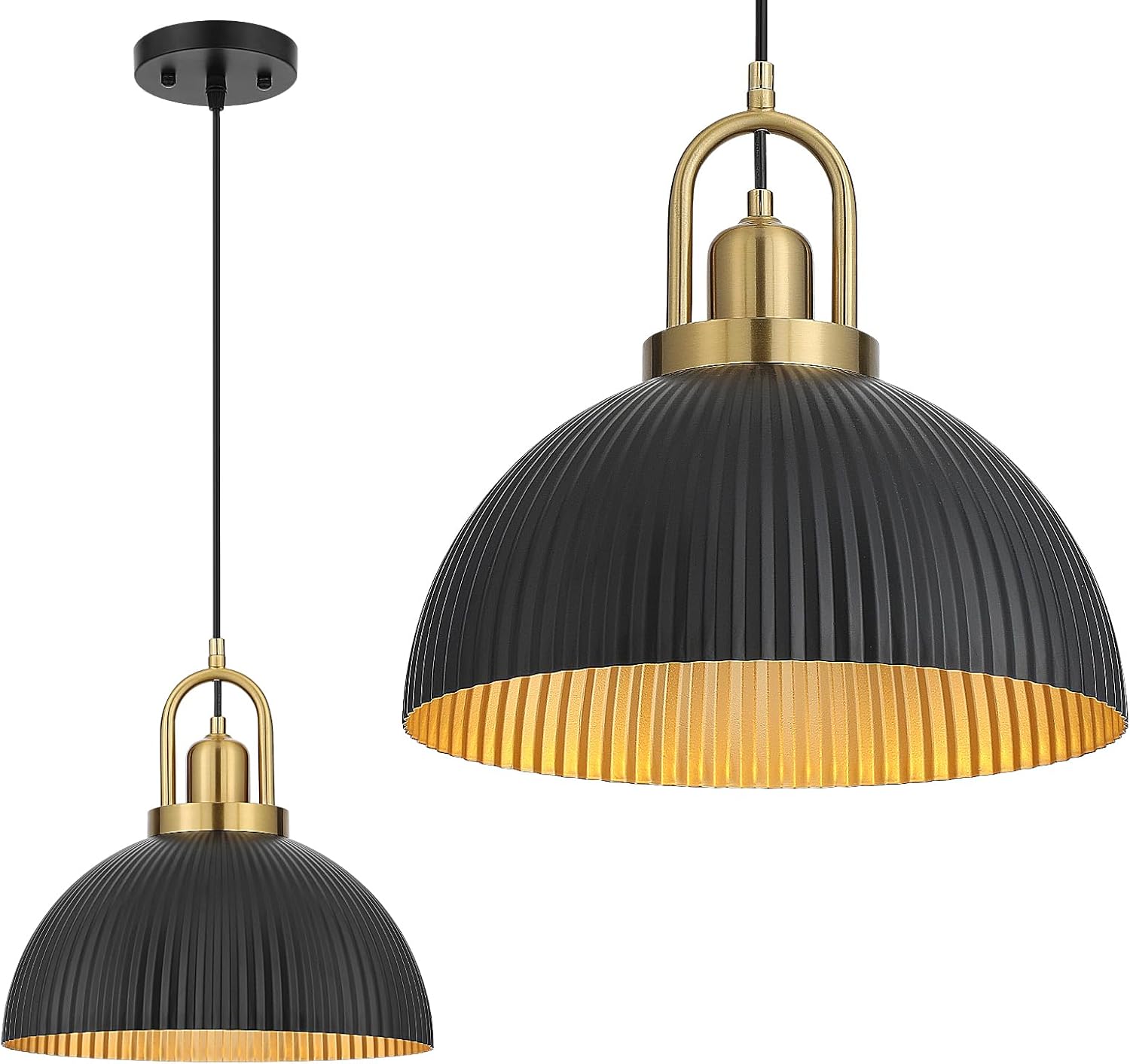 AoMck Pendant Lights Kitchen Island, Black Metal Farmhouse Pendant Light Fixtures, 11.8" Industrial Modern Hanging Pendant Lights for Kitchen Island Dining Room Bedroom Cafe bar (Black/Glod, 1 Pcs)