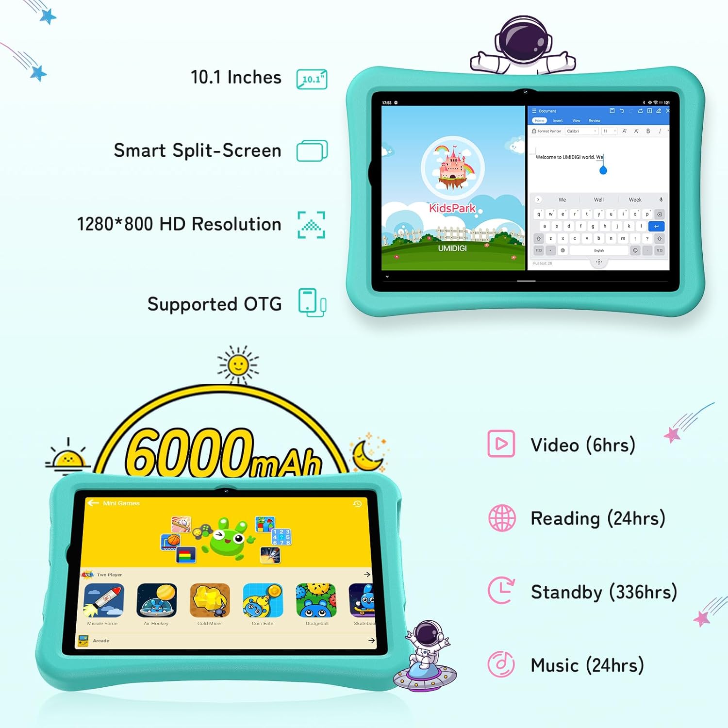 UMIDIGI Tablet Bambini, G2 Tab Kids 10,1 Pollici Android 13, Schermo Anti Luce Blu Educazione 1280*800HD, Compresse per Bambini Controllo Genitor 8GB+64GB/1TB, 6000mAh, 8MP+8MP, BT5.0 con Case-Verde UMIDIGI Tablet Bambini, G2 Tab Kids 10,1 Pollici Android 13, Schermo Anti Luce Blu Educazione 1280*800HD, Compresse per Bambini Controllo Genitor 8GB+64GB/1TB, 6000mAh, 8MP+8MP, BT5.0 con Case-Verde