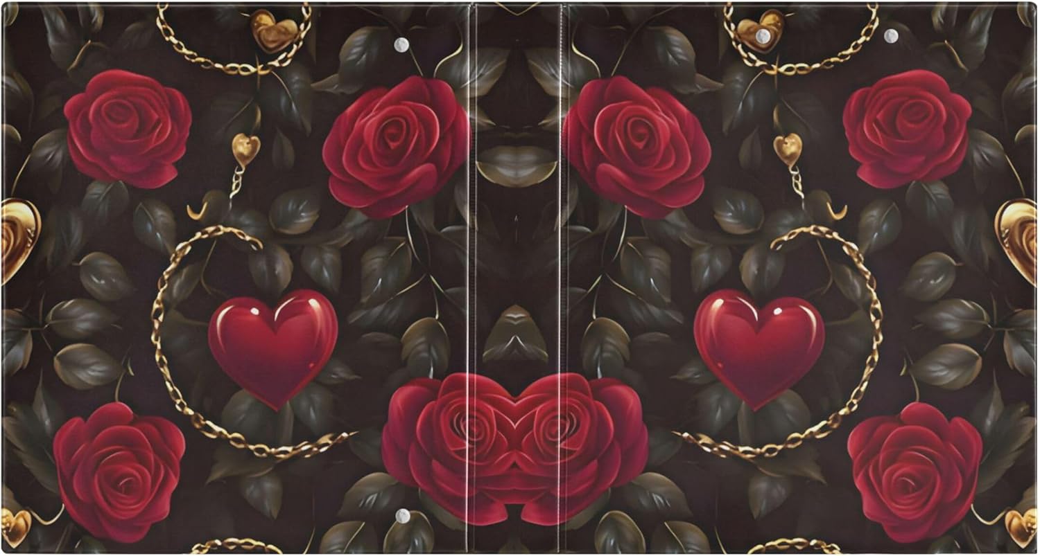 Valentine's Day Roses 3 Ring Binders, 1.5” Round Ring Binders with Clipboard - Letter Size, 3 Interior PVC Clear Pockets & Anti-Slip Clip for Office School Supplies, 2PCS
