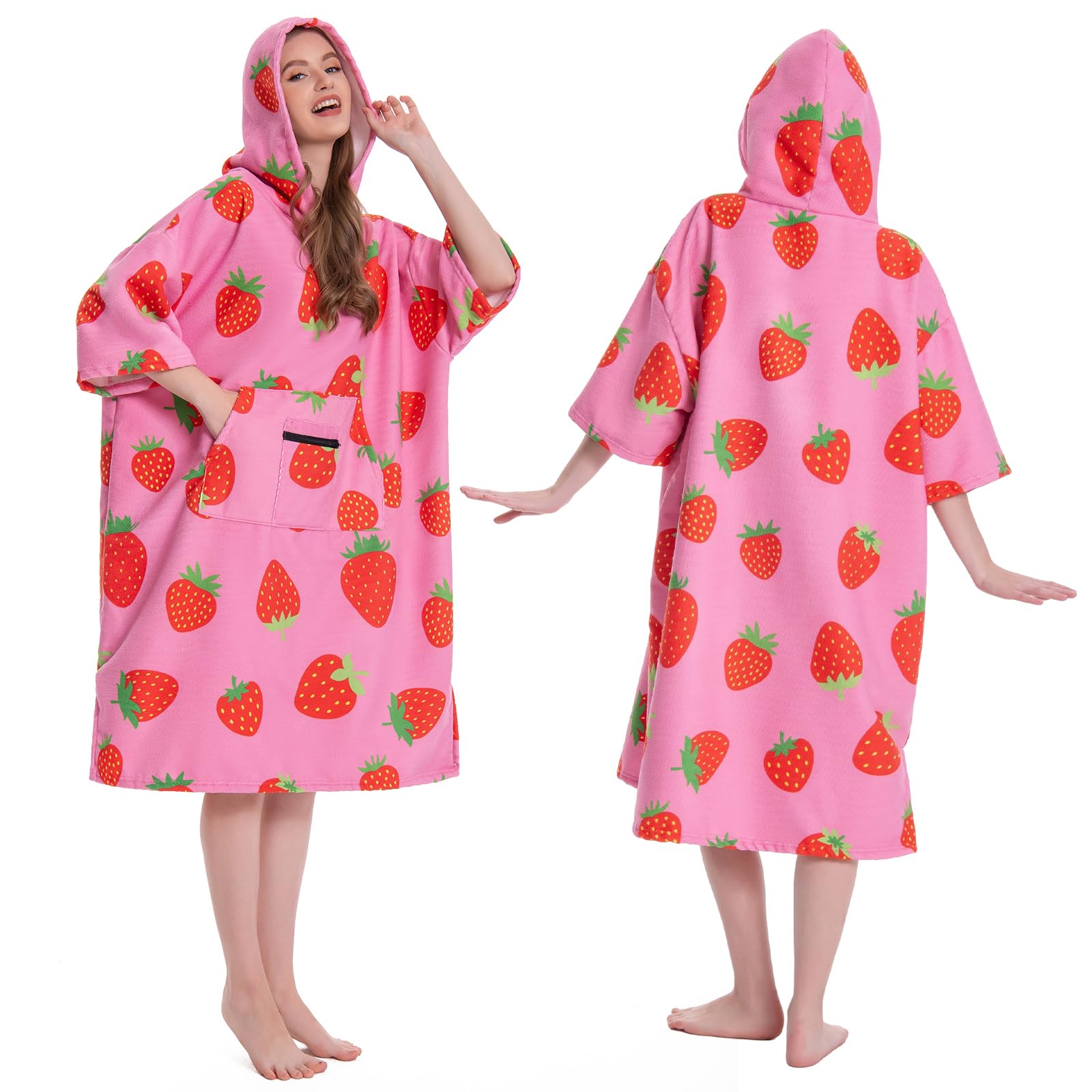 OLAOLA Adult Unisex Plus Size One Size Strawberry Changing Robe Towel Poncho with Hood and Pocket, Oversized Soft Absorbent Quick Dry Swim Beach Towel