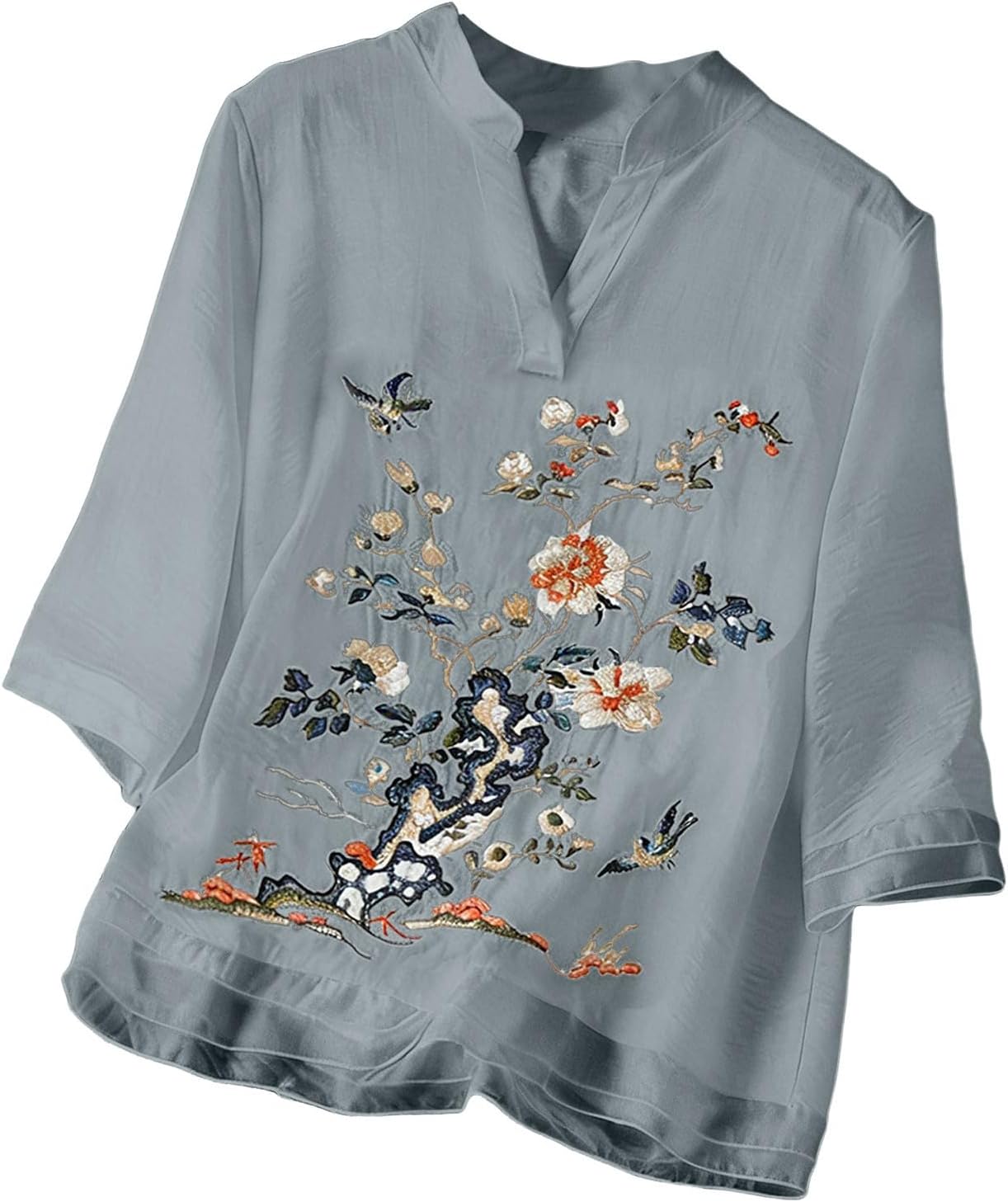 Embroidered Tops for Women Linen 3/4 Length Sleeve V Neck Summer Boho Gauze Blouses Flowy Peasant Tunic Shirts