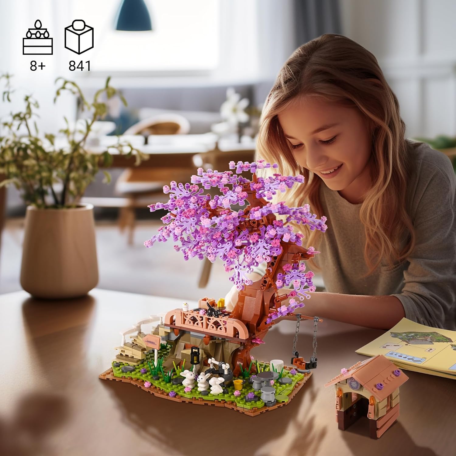 JOJO&Peach Cherry Blossom Garden Building Set with LED Light, Friends Flower House Bonsai Tree Model Sets for Kids, Easter Gift Toy for Girls Boys Girlfriend Mom Wife 8 9 10 12+(841 Pieces)