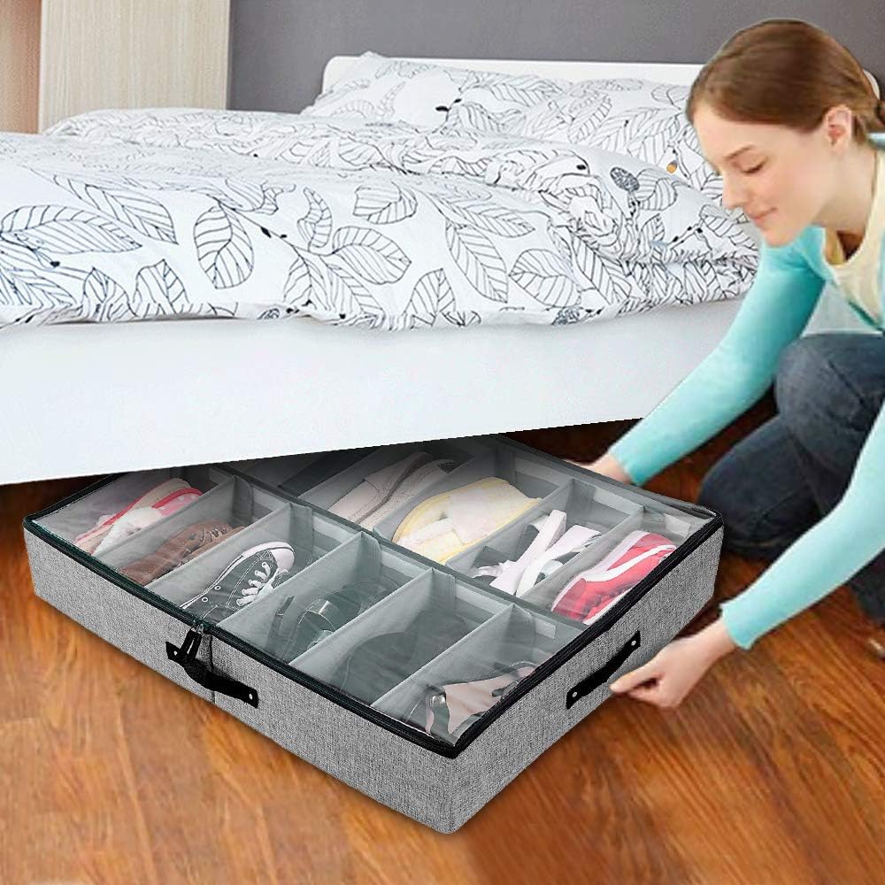 Under Bed Shoe Storage Organizer, Adjustable Dividers 12 Pairs with Sturdy Sides and Bottom, Clear Cover and Reinforced Handles, Underbed Closet Storage Solution for Shoes