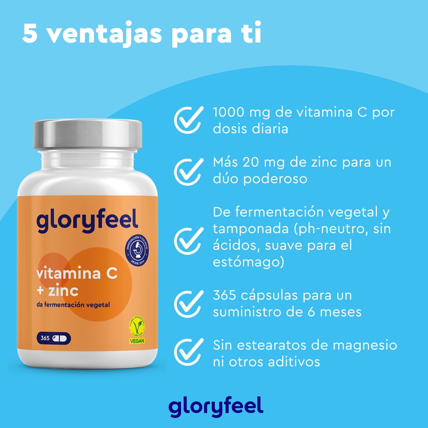 Vitamina C + Zinc - 365 Cápsulas - 1000mg Vitamina C + 20mg Zinc - Apoya el sistema inmunológico y reduce la fatiga - Con Protección gástrica y pH neutro -100% vegano