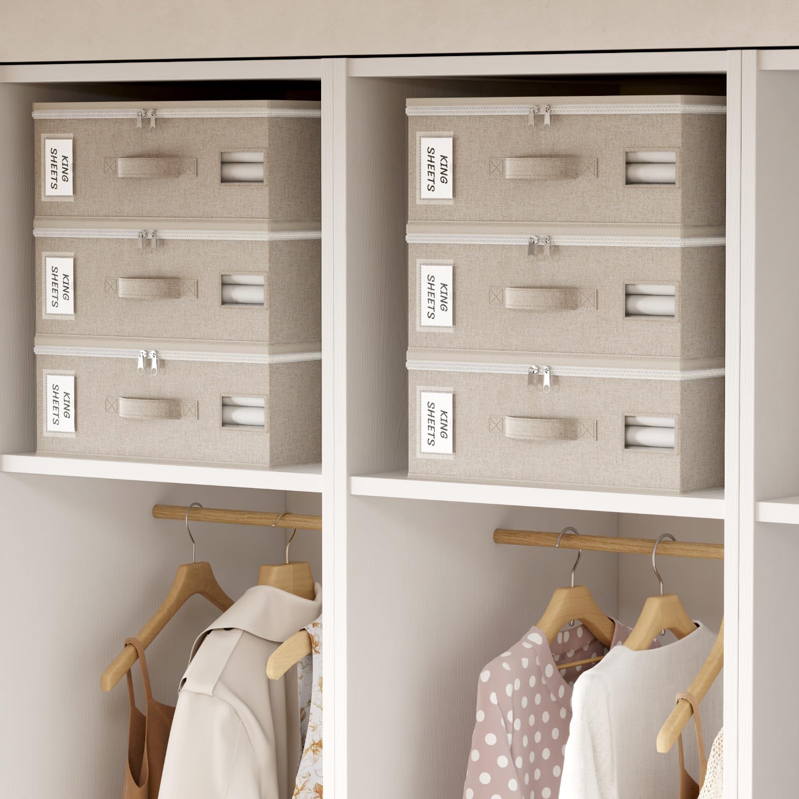 Lifewit 6 Stück Faltbare Aufbewahrungstasche für Bettwäsche, Aufbewahrungsbox mit 2 Sichtfenstern und 1 Etikett, 40 × 30 × 15 cm Organizer für Bettbezüge, Decken (Beige)