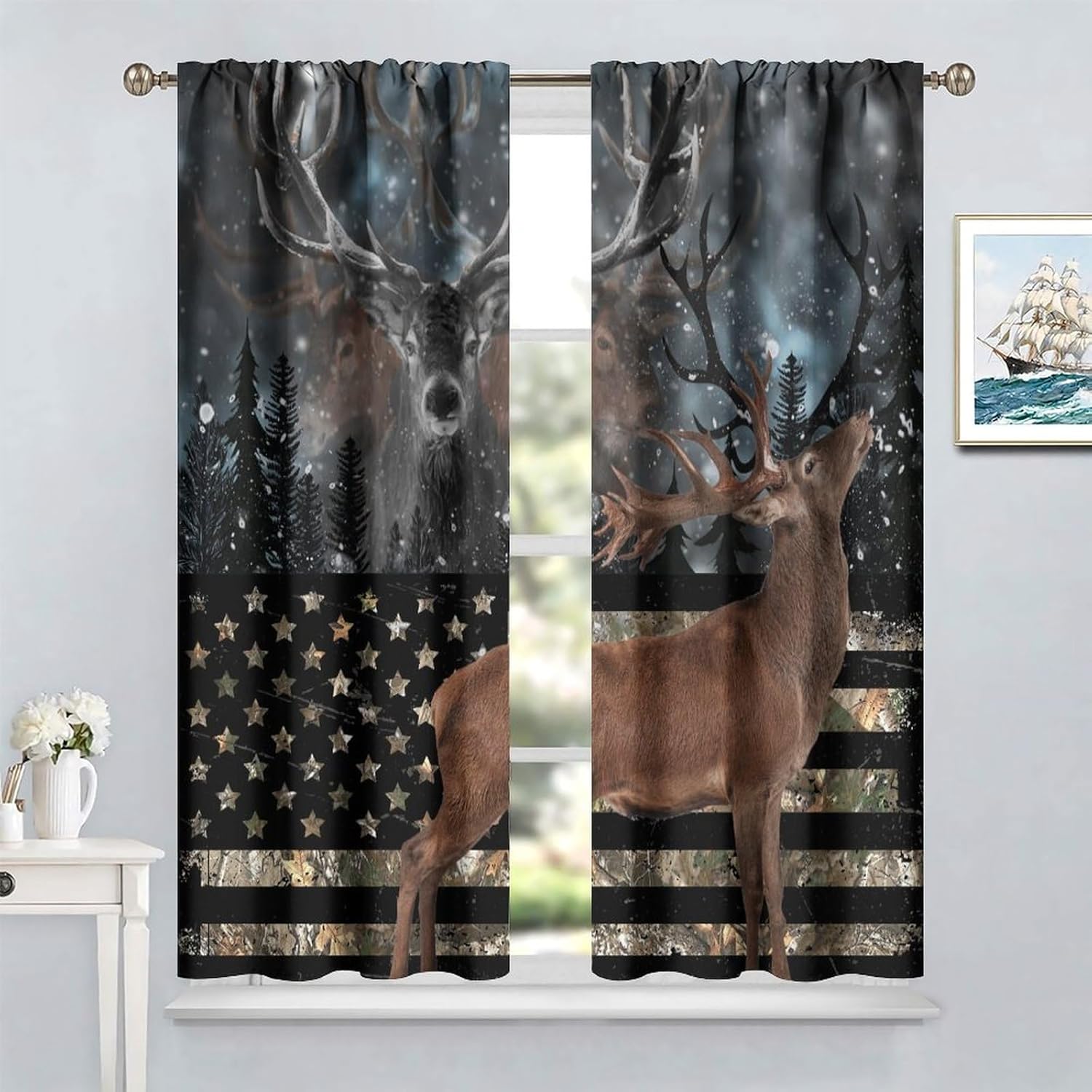 Camo Deer Curtains, American Flag Window Treatments for Living Room Snowy Forest Camouflage Hunting Window Drapes for Bedroom Kitchen 42x45in