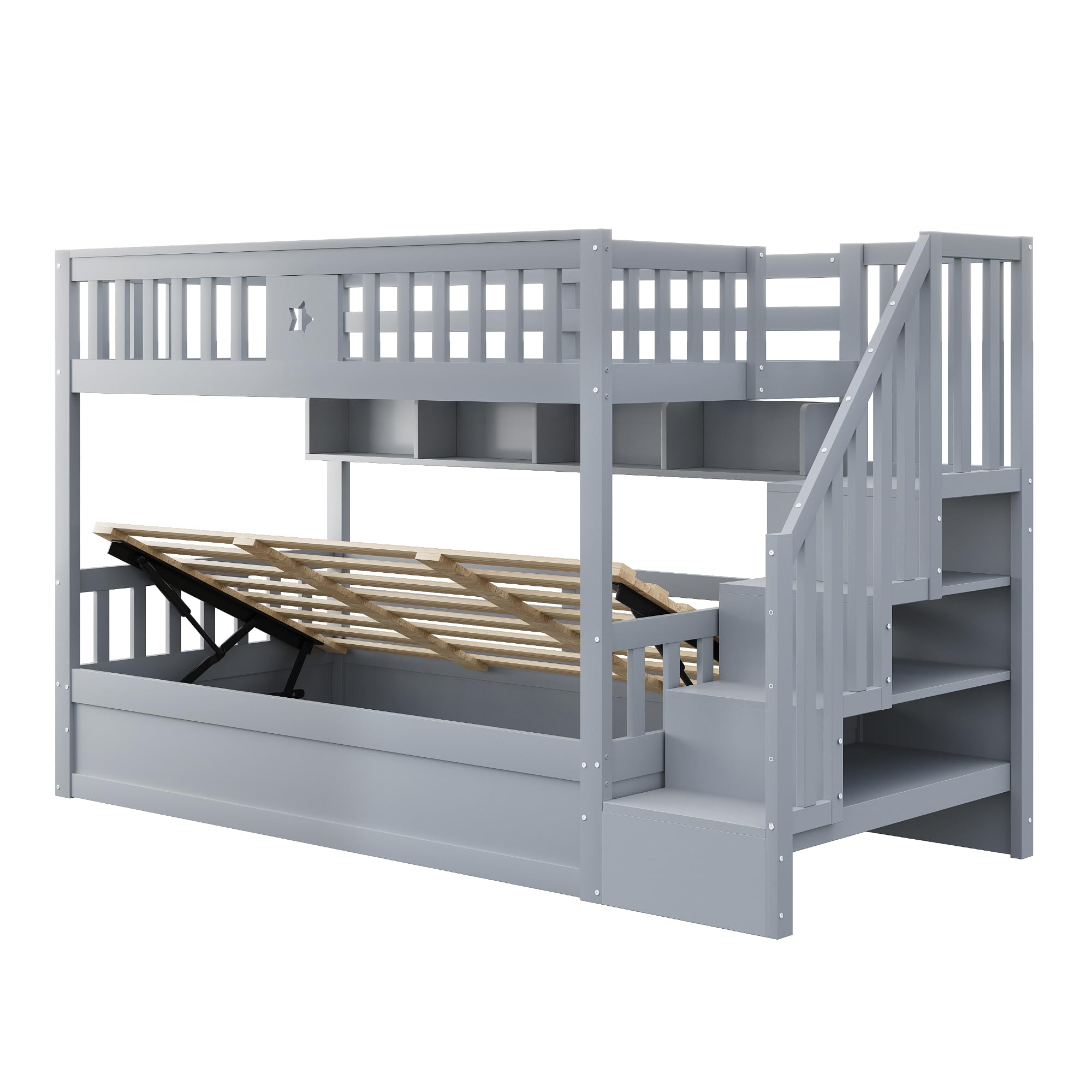 Su & Chan Legence Etagenbett 90x200cm mit hydraulischem Unterbett, Kinderbett mit Stauraumtreppe und Regalen, Holzbett mit Rausfallschutz für 2 Kinder, Grau