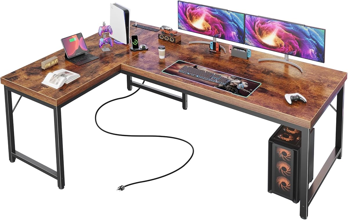 Huuger 55 Inch L Shaped Desk with Power Outlets and USB-C Port, 0.95 Inch Thicker Desktop, Reversible Computer Desk, Larger Office Corner Gaming Desk, Metal Frame, for Home Office, Study, Rustic Brown