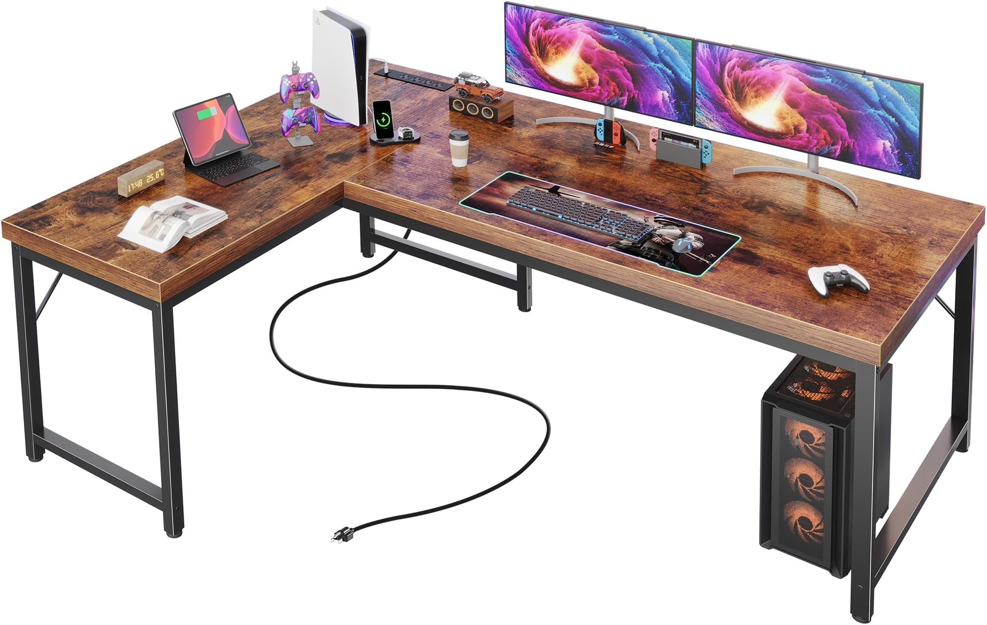 55 Inch L Shaped Desk with Power Outlets and USB-C Port, 0.95 Inch Thicker Desktop, Reversible Computer Desk, Larger Office Corner Gaming Desk, Metal Frame, for Home Office, Study, Rustic Brown
