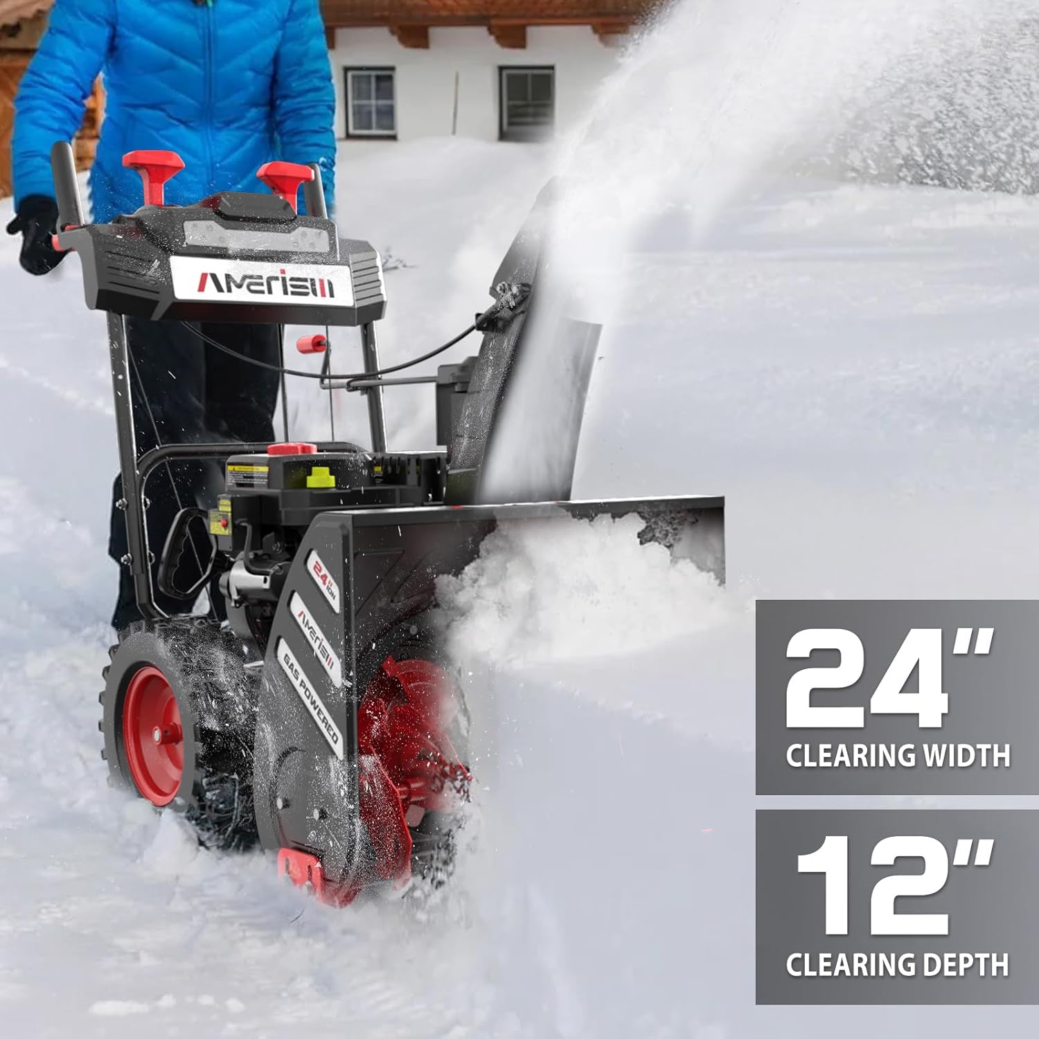 Snow blower clearing snow, highlighting 24-inch clearing width and 12-inch clearing depth