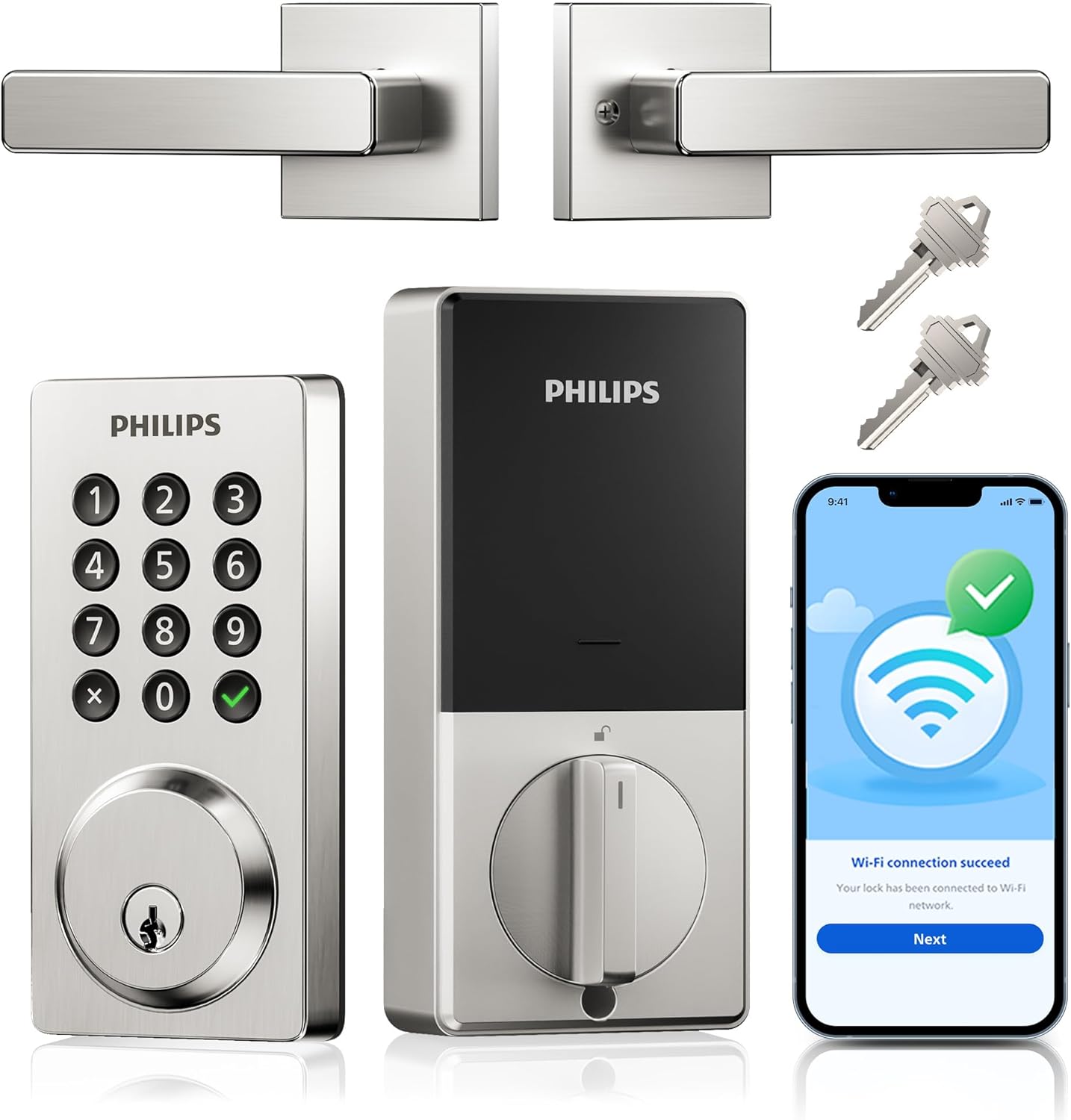 Philips WiFi Smart Door Lock with Handle, Built-in WiFi App Remote Control, Keyless Entry Door Locks for Front Door, Smart Deadbolt Auto Lock, Support Alexa & Google, IP54 Waterproof, Satin Nickel