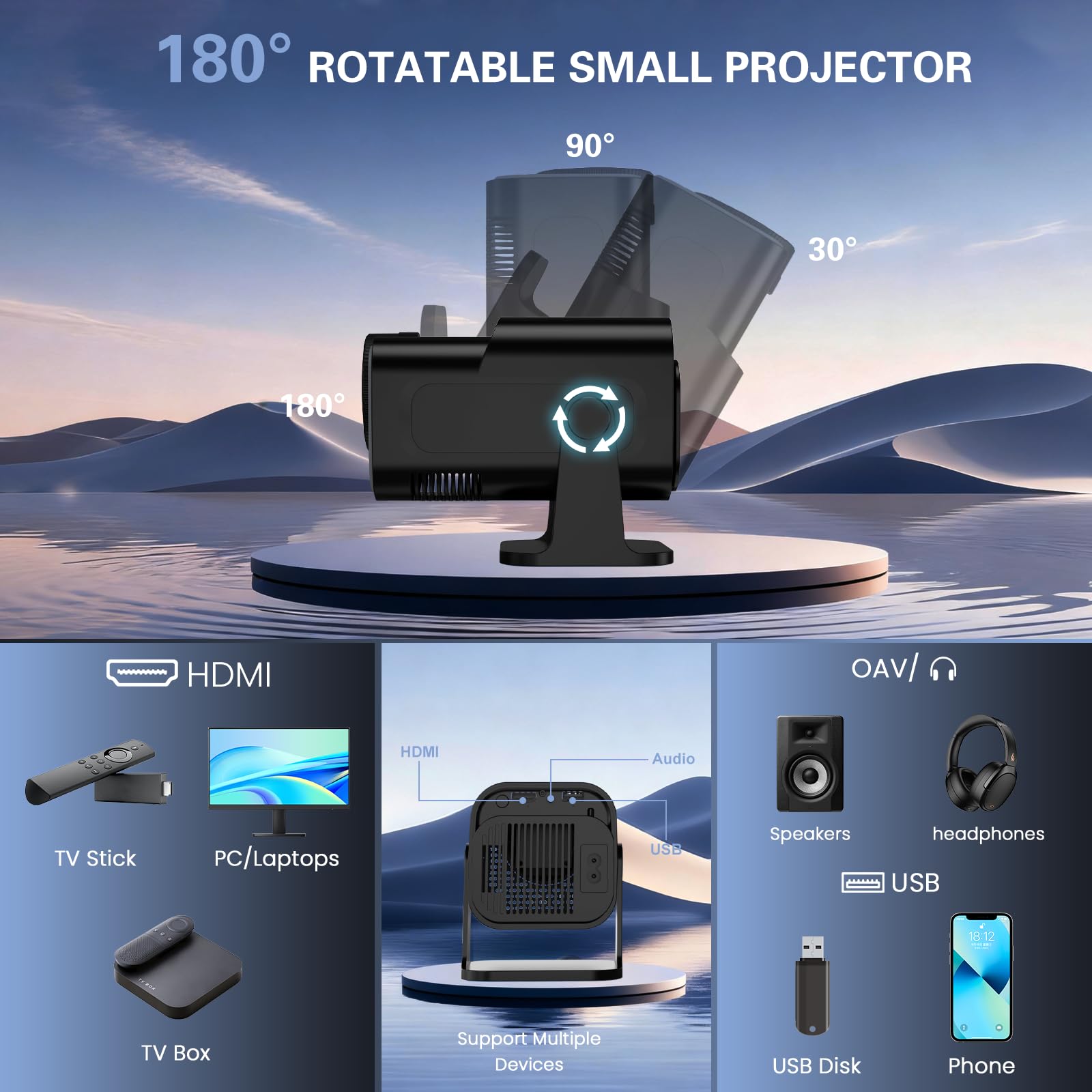 [App intégrée] Vidéoprojecteur 4K 1080P, Mini Projecteur Portable WiFi 6 BT 5.4, Projecteur Full HD 1080P Compatible Con HDMI/TV Stick/Ordinateur Portable, Noir