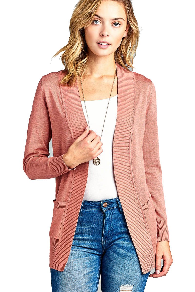 YourStyle Women Open Front Long Sleeve Classic Knit Cardigan (Small, Rosy Pink)