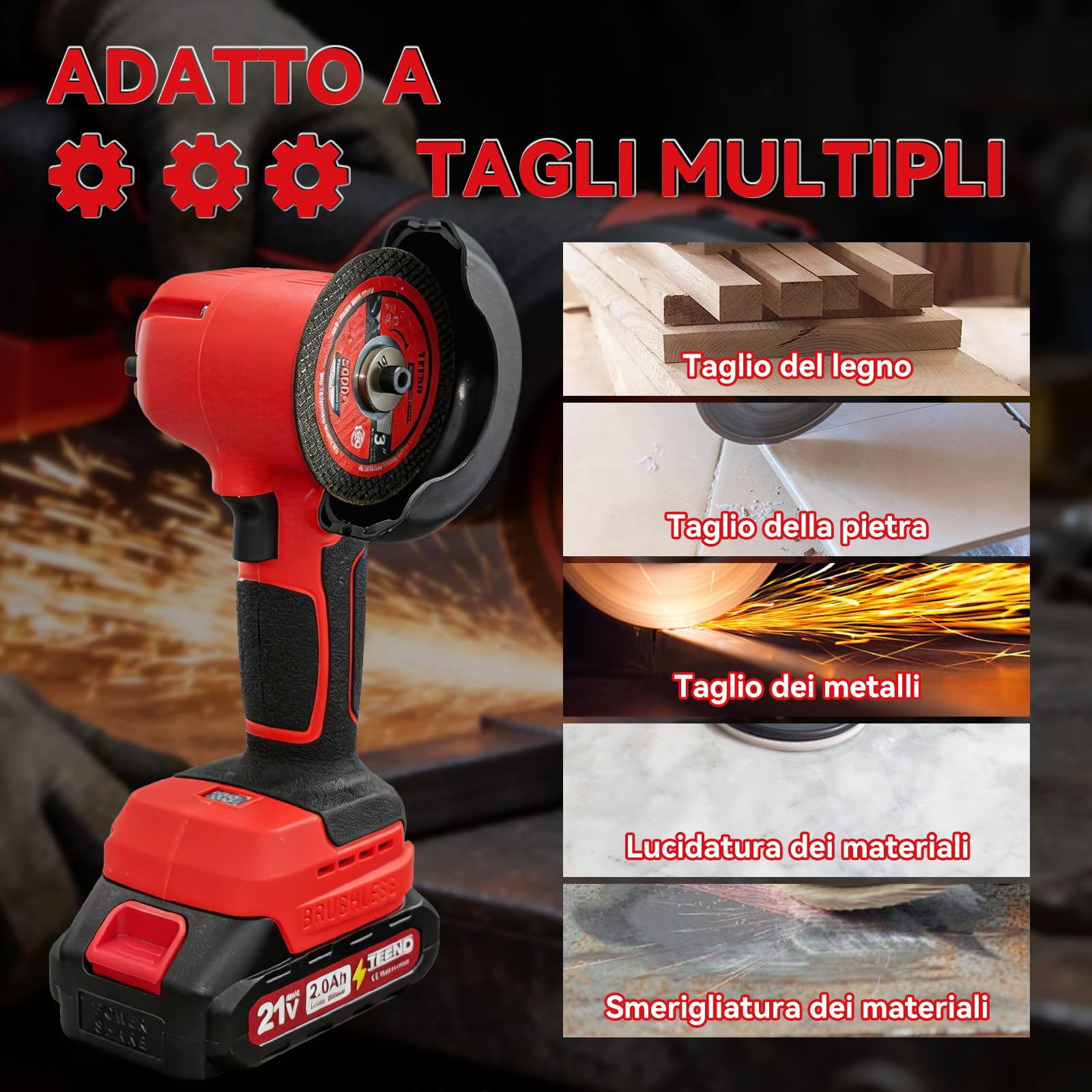 Smerigliatrice angolare TEENO 21V con spazzole, 19500 giri/min, dotata di 2 batterie da 2000 mAh e 6 dischi abrasivi, utensile elettrico per taglio adatto per metallo, legno e piastrelle