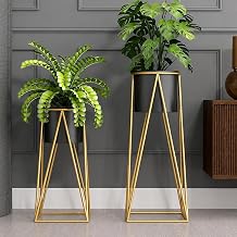 Planters for Indoor - Outdoor Plants & Modern Metal Floor Tall Plant Stand for Garden, Balcony & Living Room & Mid Century Plant Stands with Pots Set of 2 Flower Pots (Black)