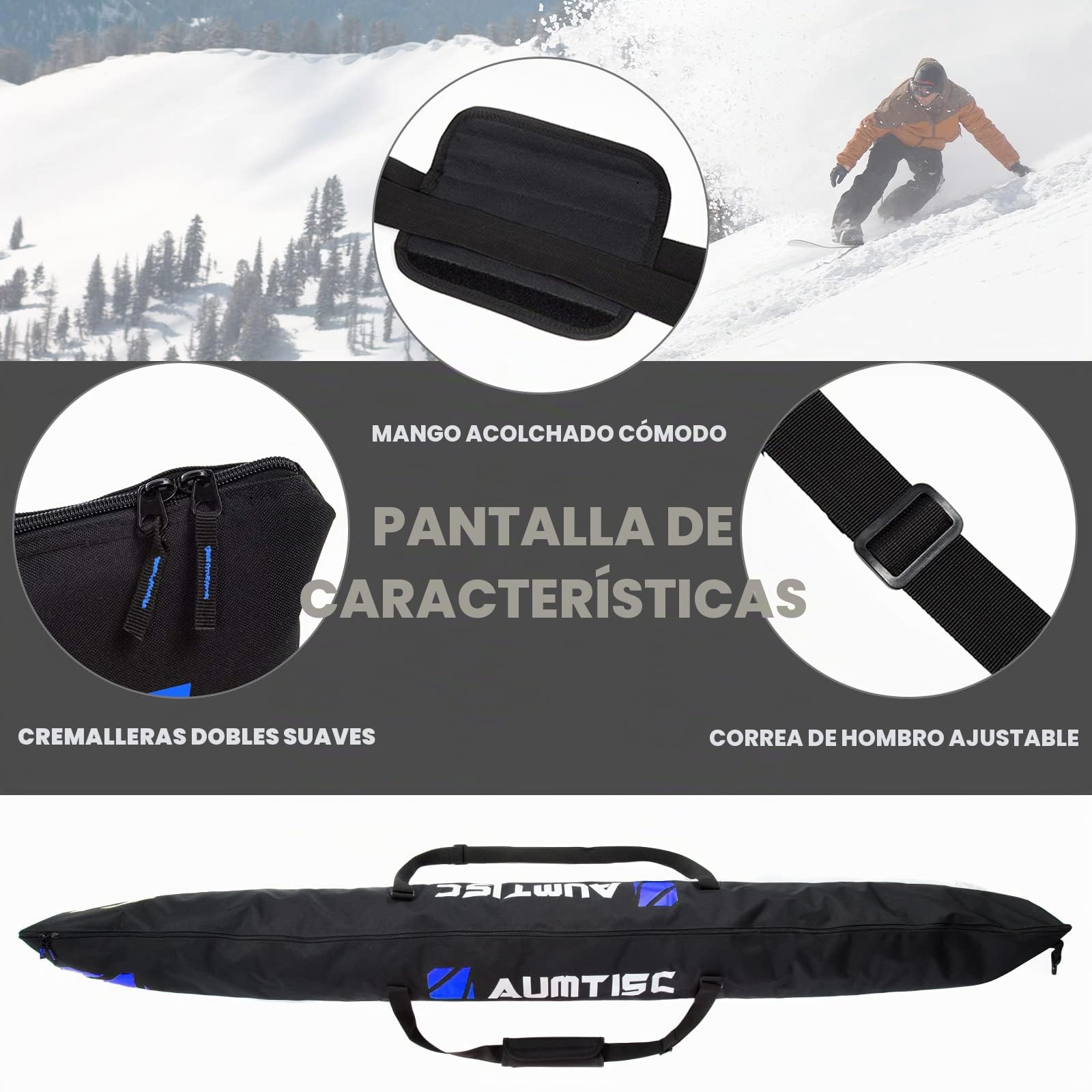 AUMTISC Bolsas para Kit de esquí Combo de Bolsa para Botas y Acolchado para 1 par de Botas de esquí Bolsa de esquí de Longitud Ajustable hasta 200 cm