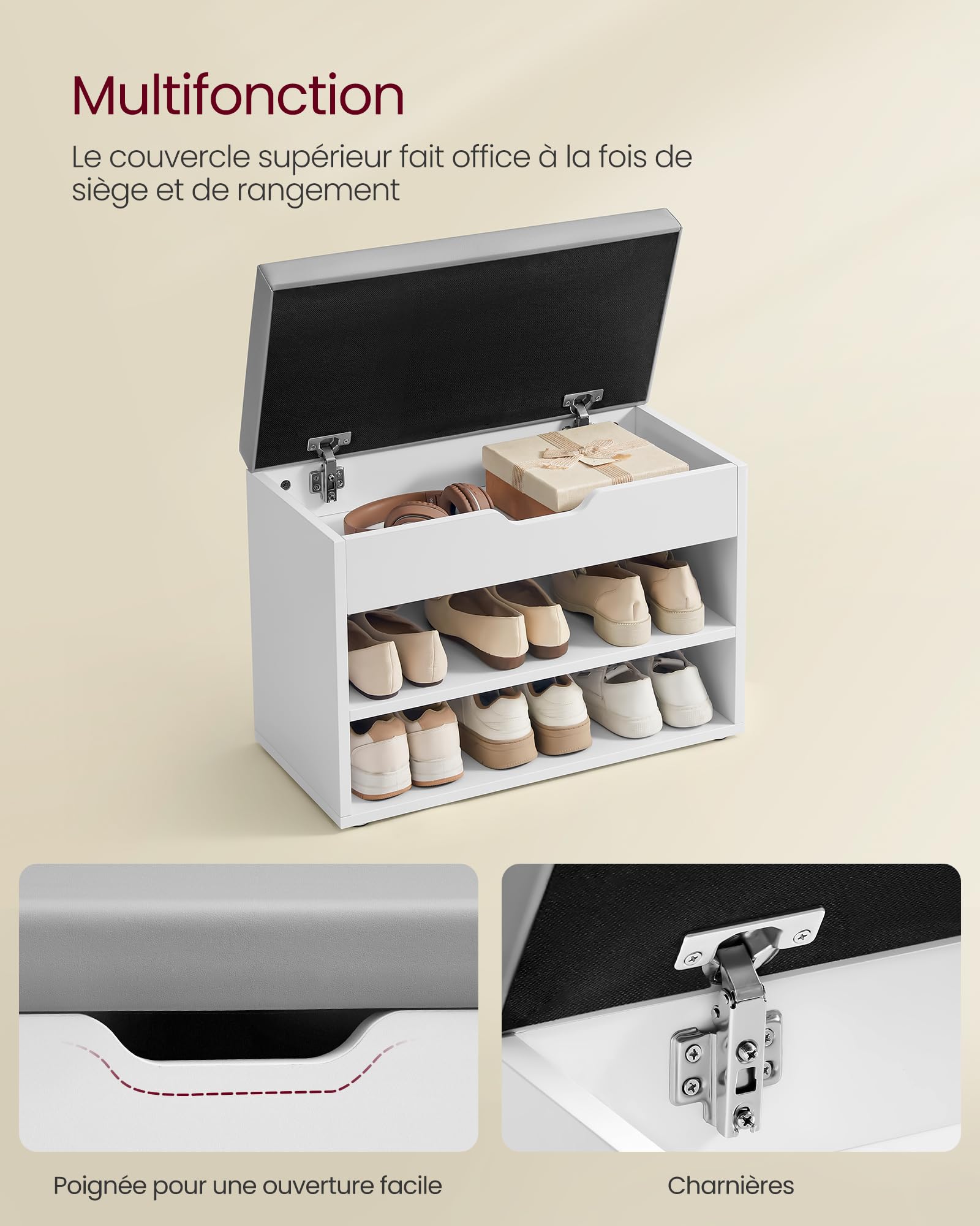 VASAGLE Custos Collection - Banc à Chaussures, Meuble à Chaussures, Siège Rembourré, Banc d’Entrée, Compartiments, pour Entrée, Chambre, Salon, Blanc Nuage et Gris Tourterelle LHS020W01V1