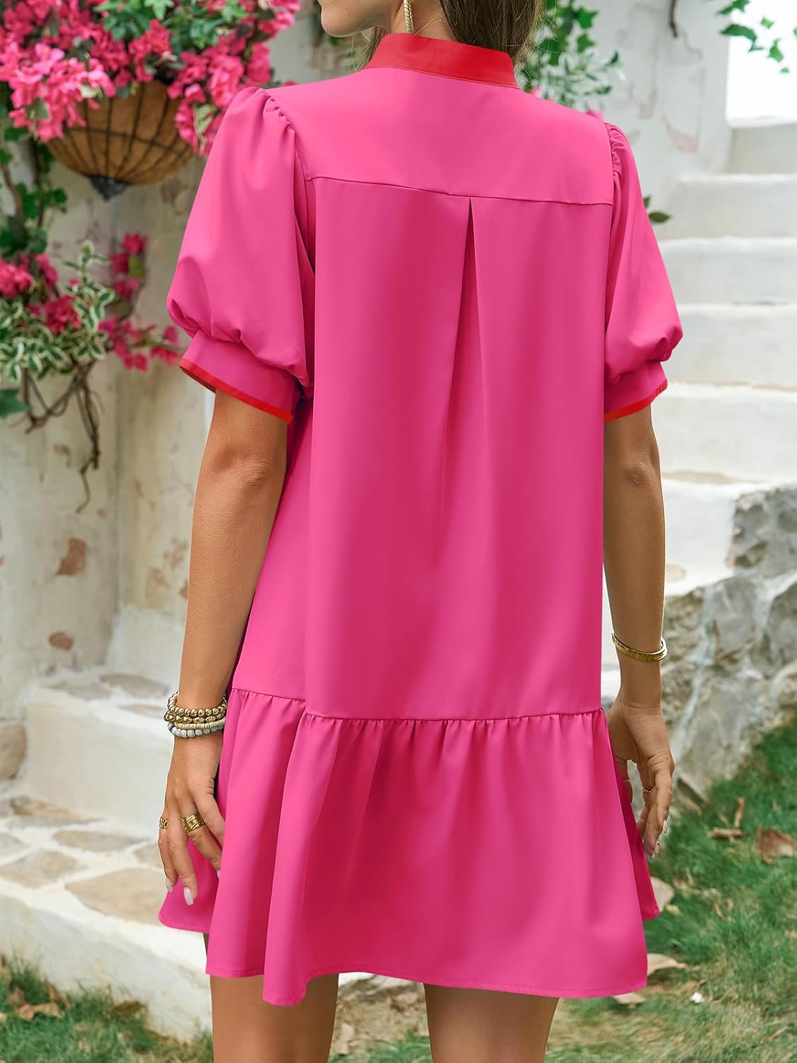 Wenrine Womens Summer Mini Dress Casual Short Puff Sleeve V Neck Color Block Loose Beach A Line Dresses with Pockets