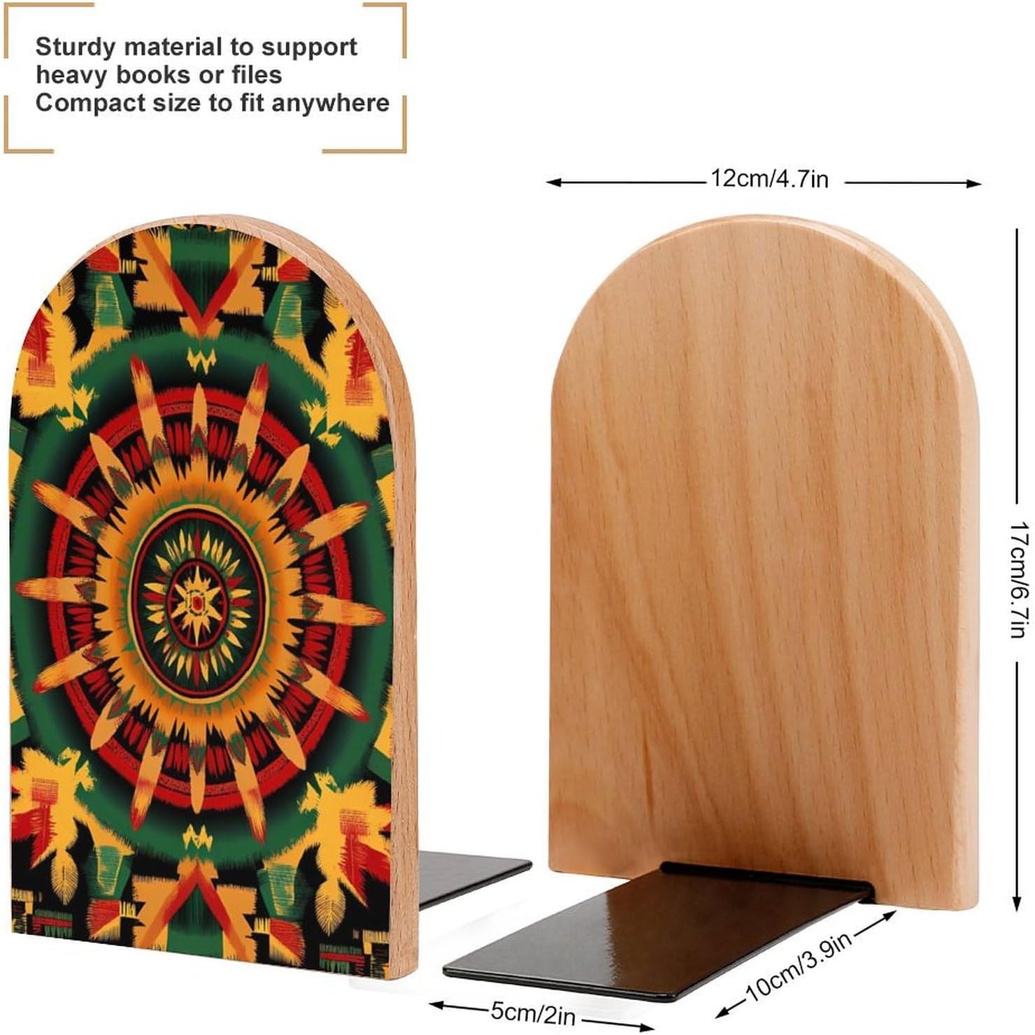 Traditional Aztec and Native Pattern Cute Wood Book Ends Decorative Bookends 1 Pair Non-Skid for Shelves Home Office 7 X 5 Inch