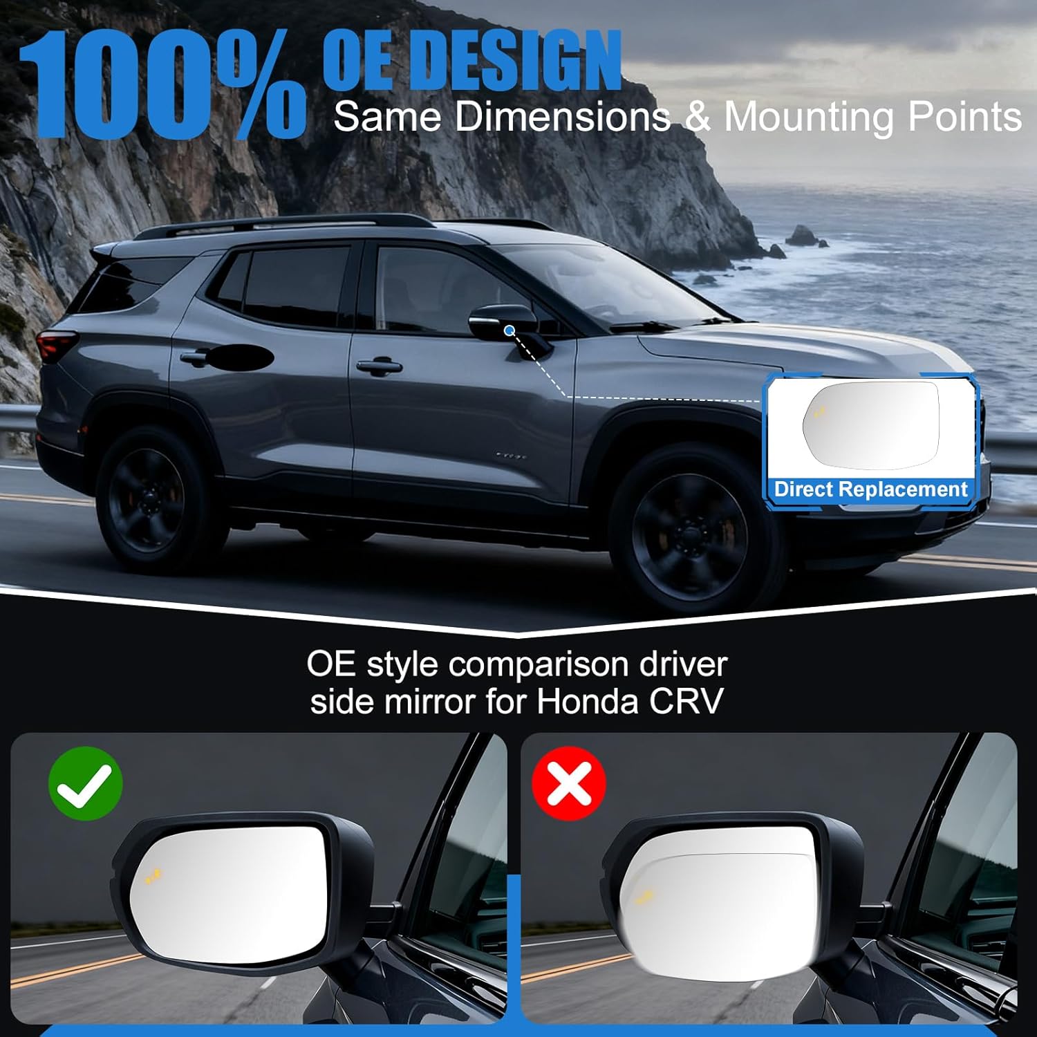 Driver Side Mirror Glass Replacement for Honda CRV 2017-2022, Convex Side View Mirror with Backing Plate, With Heated and Blind Spot